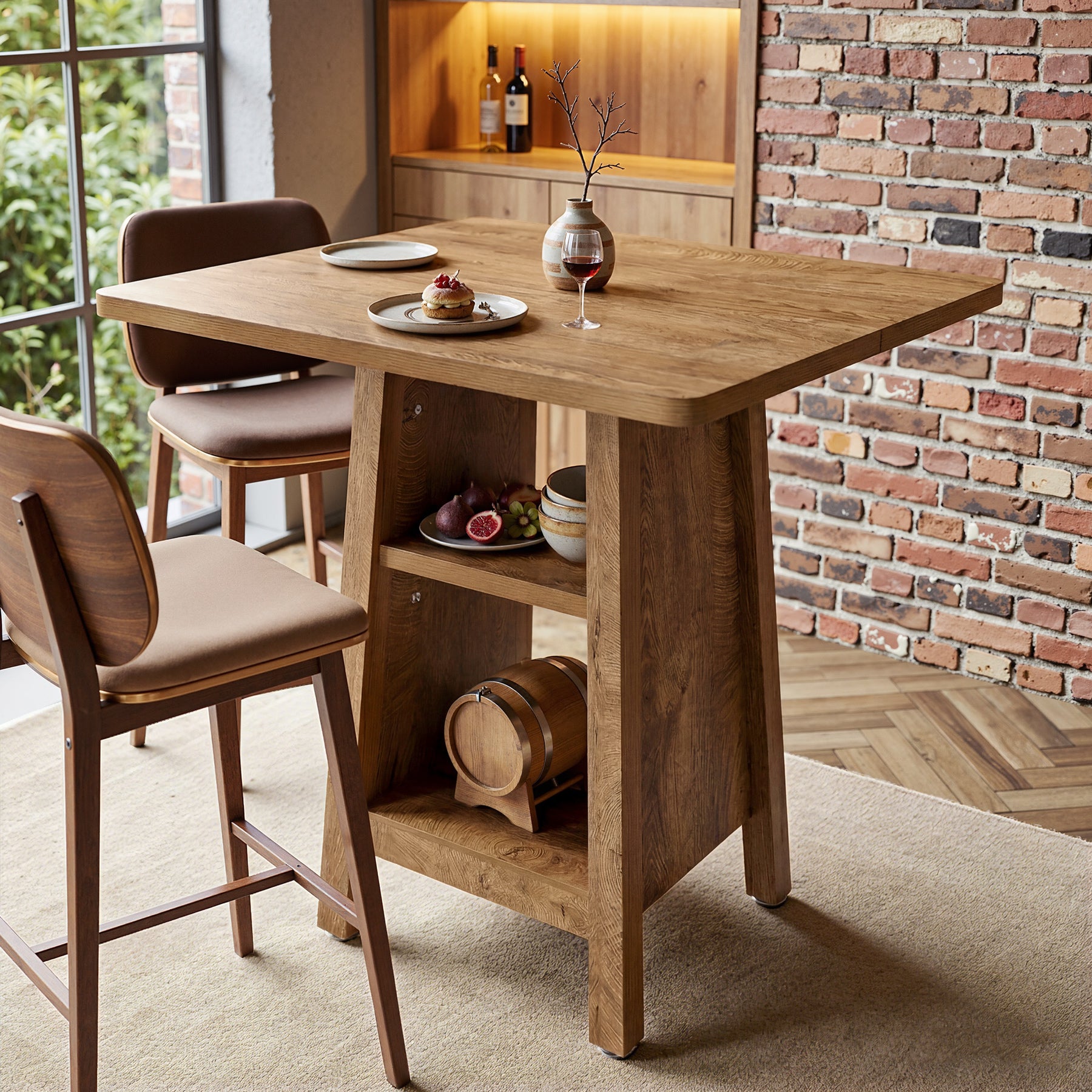 Square Bar Table with Storage, 35.4" H Pub Bar Table with 2 Open Shelves