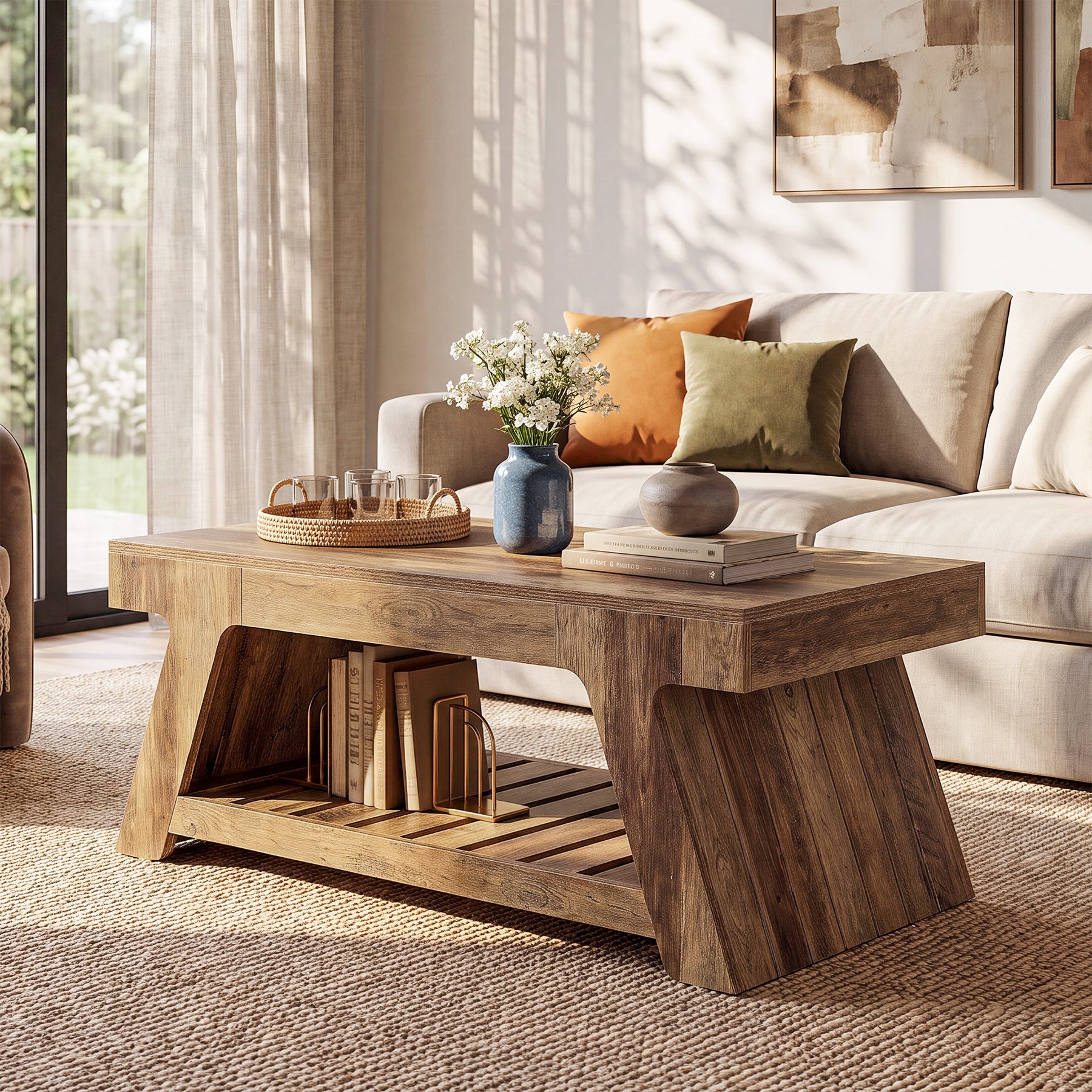 47" Farmhouse Coffee Table, 2-Tier Center Table with Slatted Storage Shelf for Living Room
