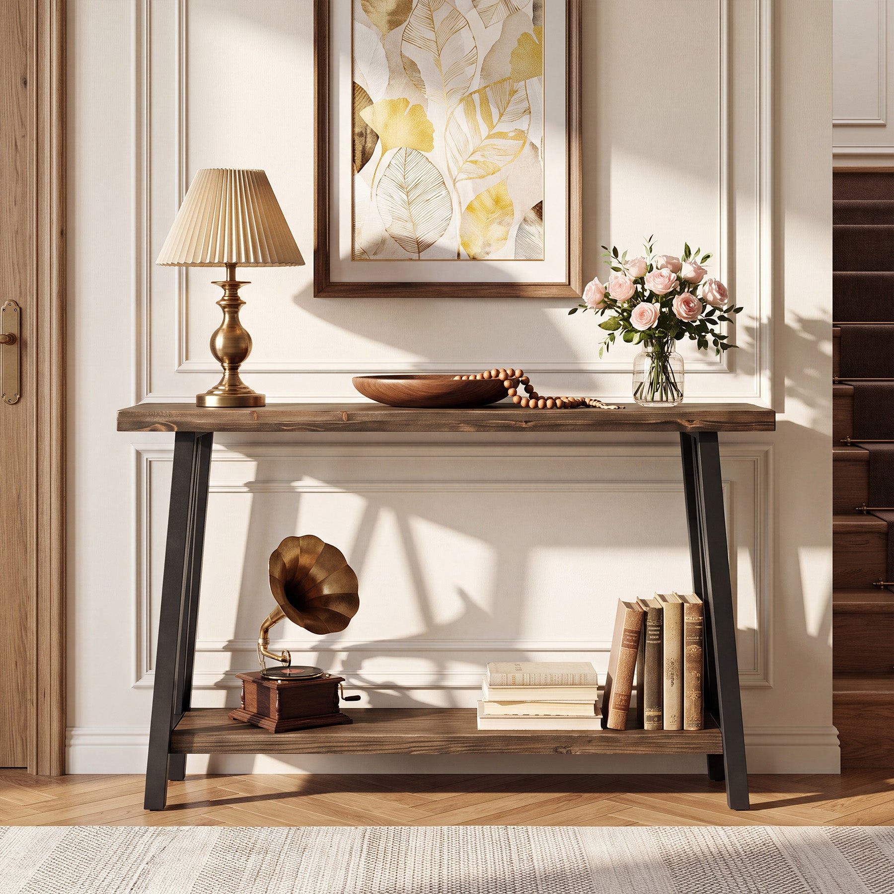 41.3" Live-Edge Solid Wood Console Table, 2-Tier Entryway Table with Metal Frame