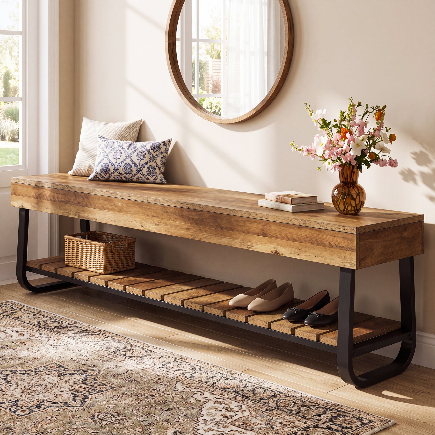 63" Entryway Bench with Storage Slatted Shelf, 2-Tier Shoe Bench with Metal Frame