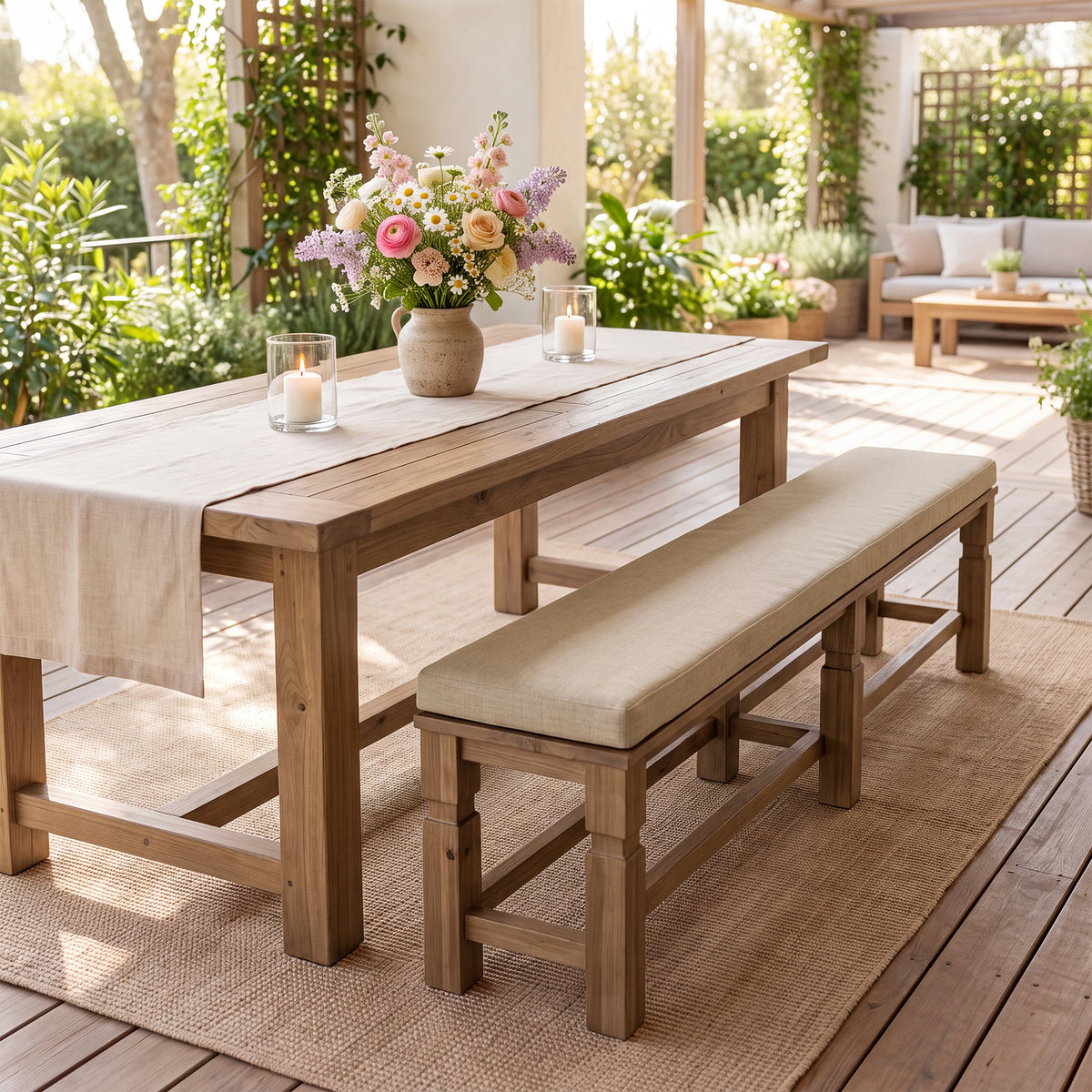 70.87" Upholstered Solid Wood Dining Bench with Linen Fabric Cushion