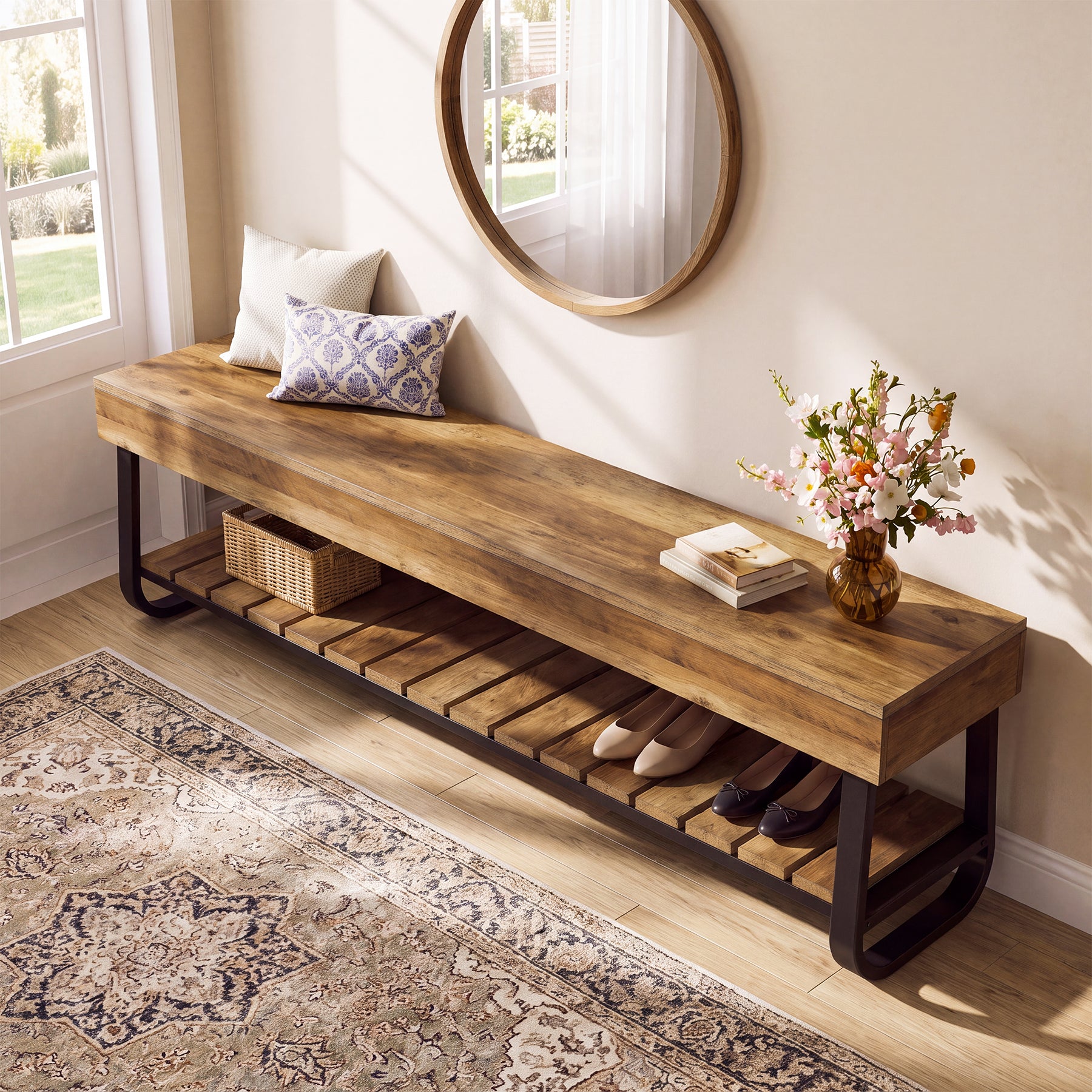 63" Entryway Bench with Storage Slatted Shelf, 2-Tier Shoe Bench with Metal Frame