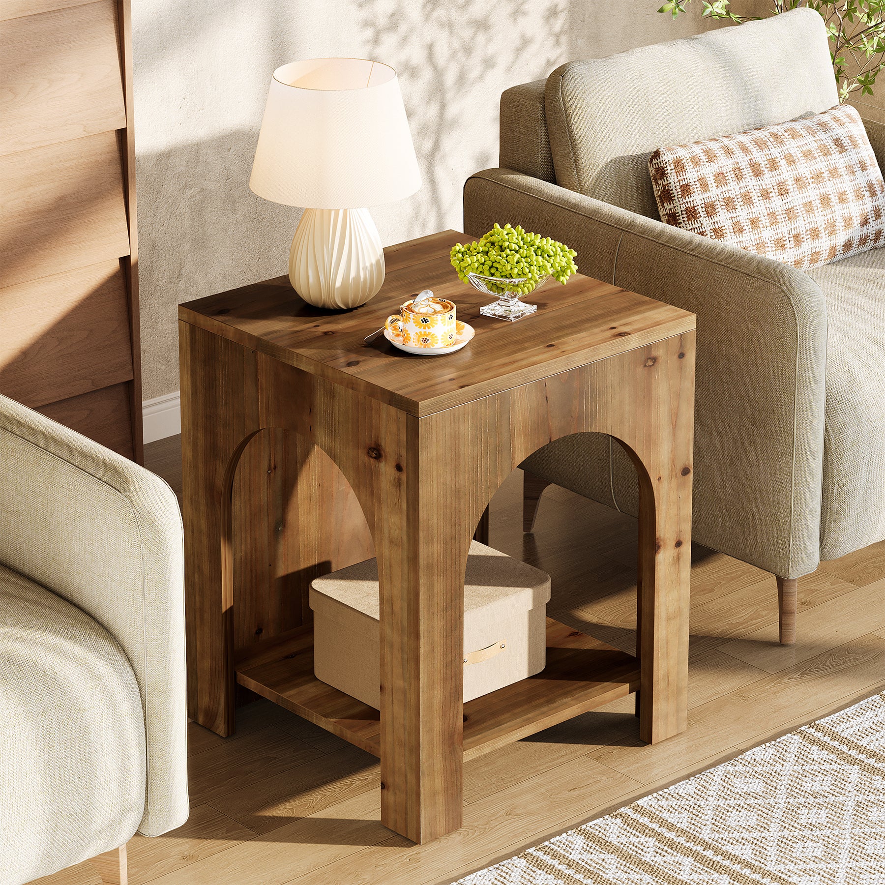 2-Tier End Table, Farmhouse Square Side Table with Arch Design