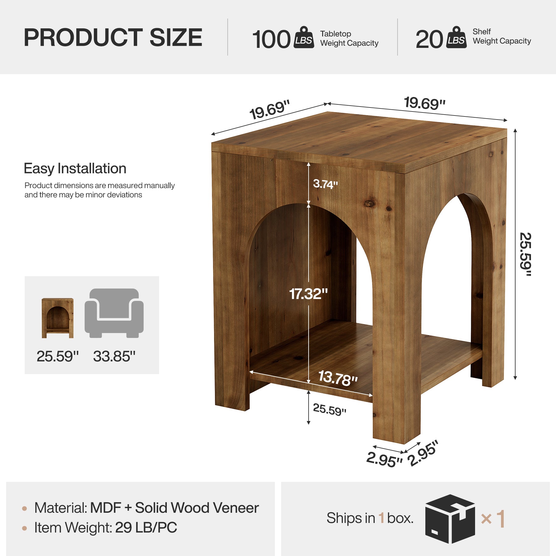 2-Tier End Table, Farmhouse Square Side Table with Arch Design