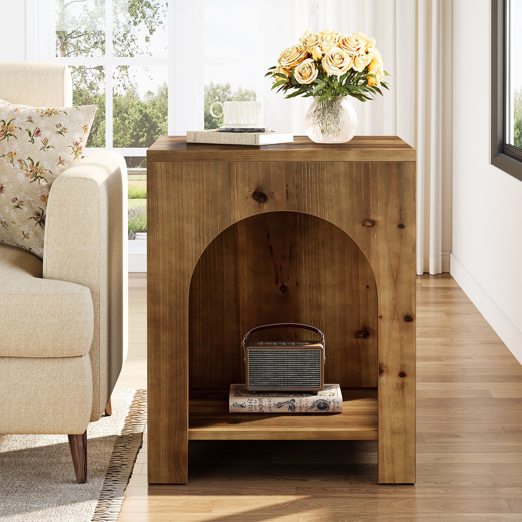 2-Tier End Table, Farmhouse Square Side Table with Arch Design