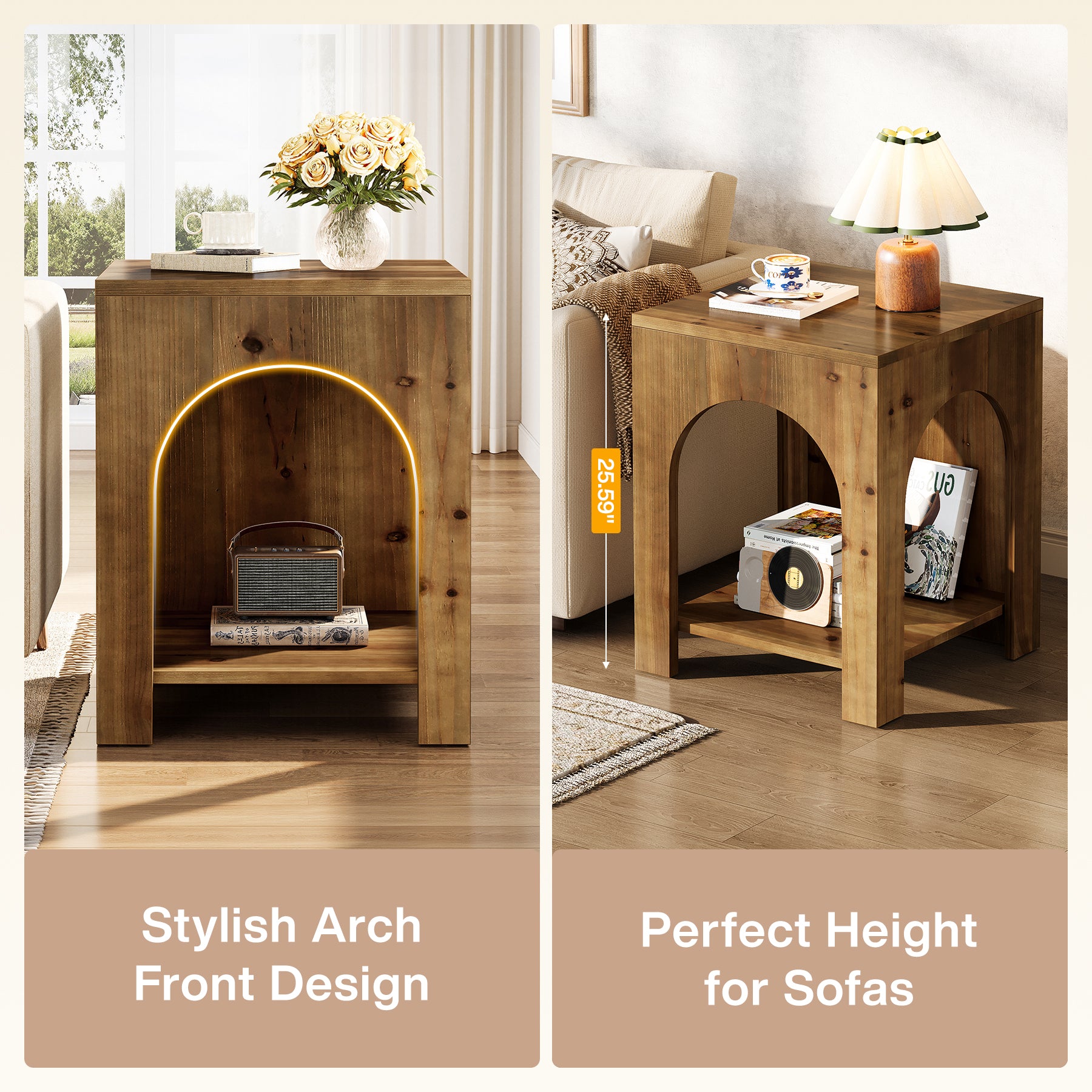2-Tier End Table, Farmhouse Square Side Table with Arch Design