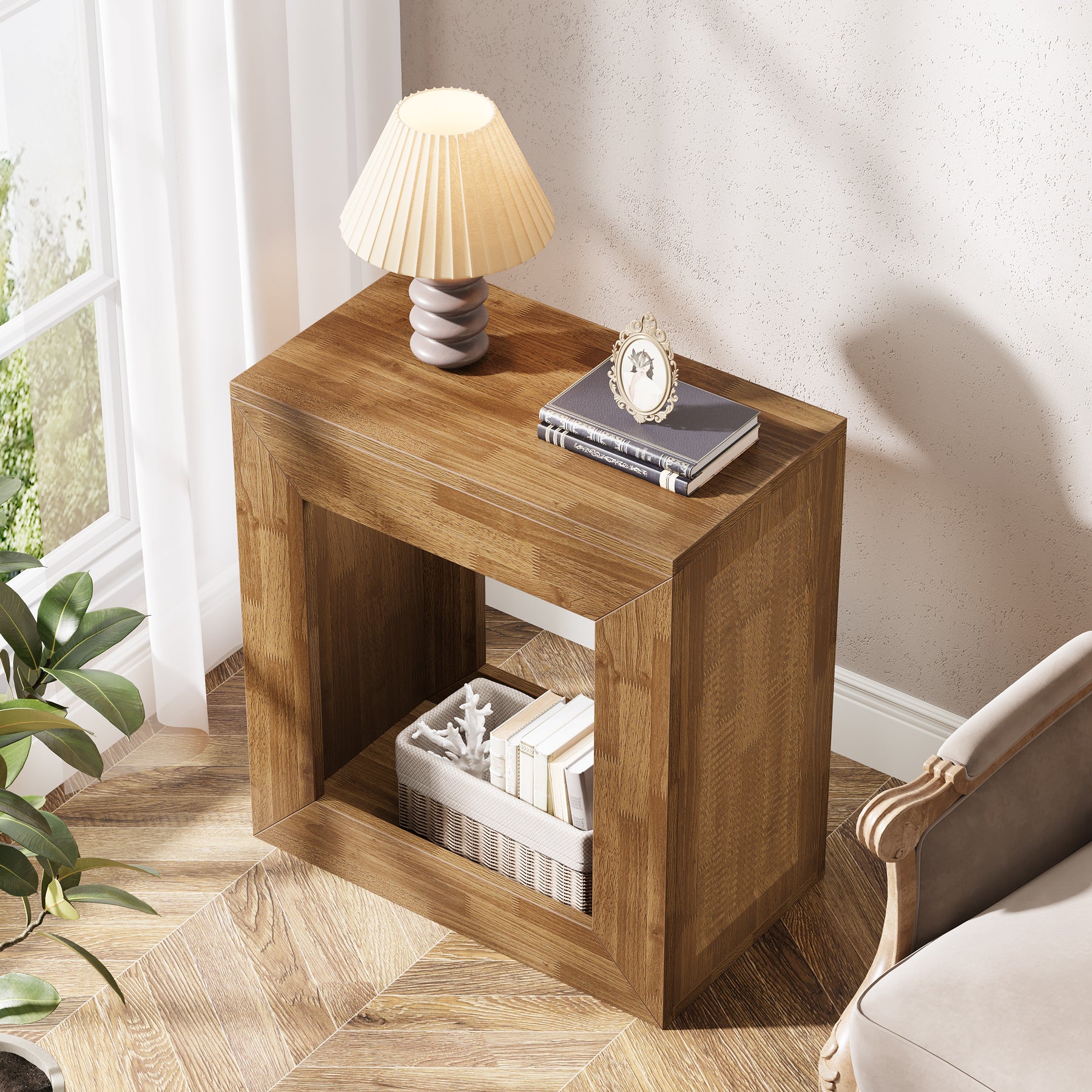 2-Tier End Table, Square Side Table Narrow Nightstand with Storage Shelf