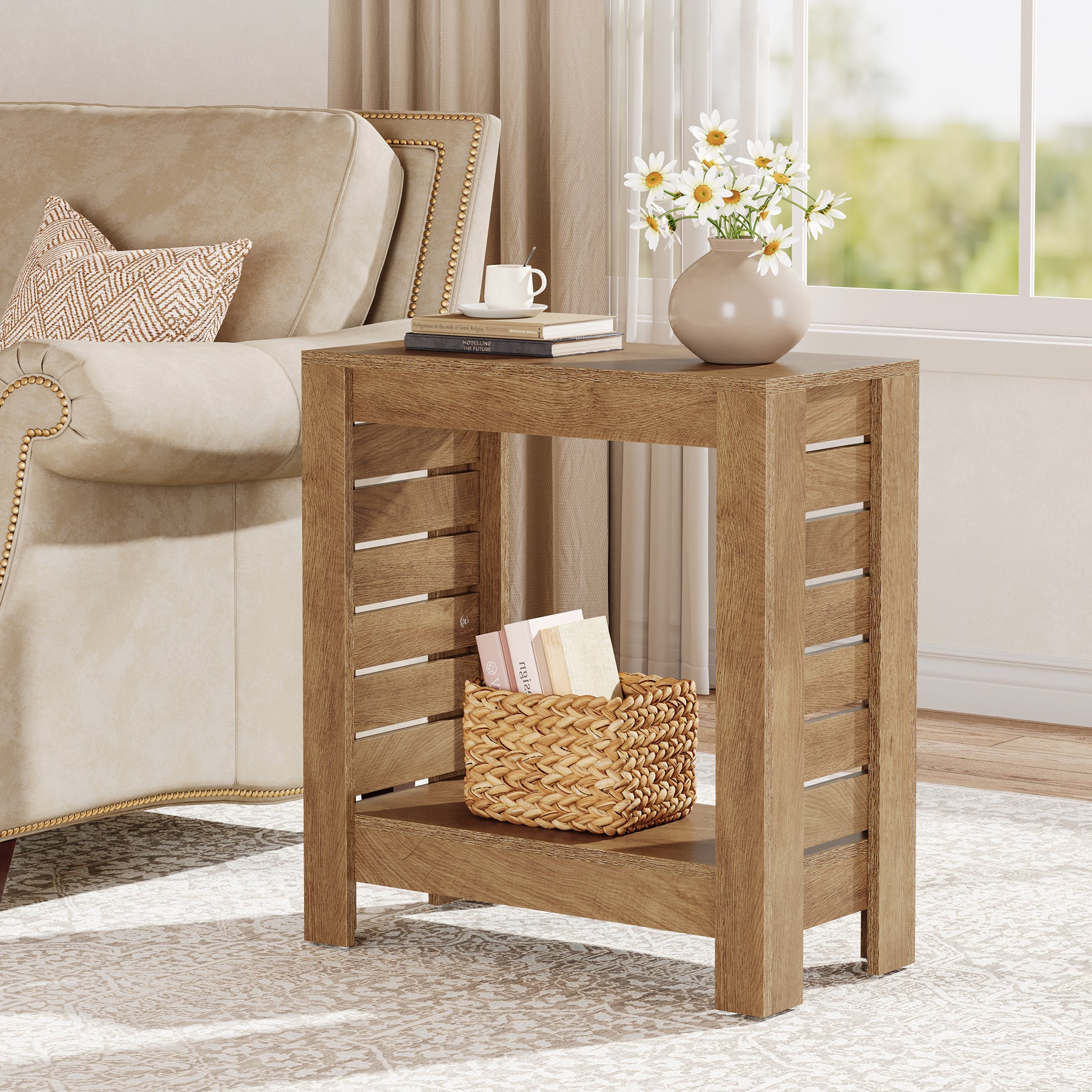 2-Tier Side Table, Wooden End Table Nightstand with Storage Shelf