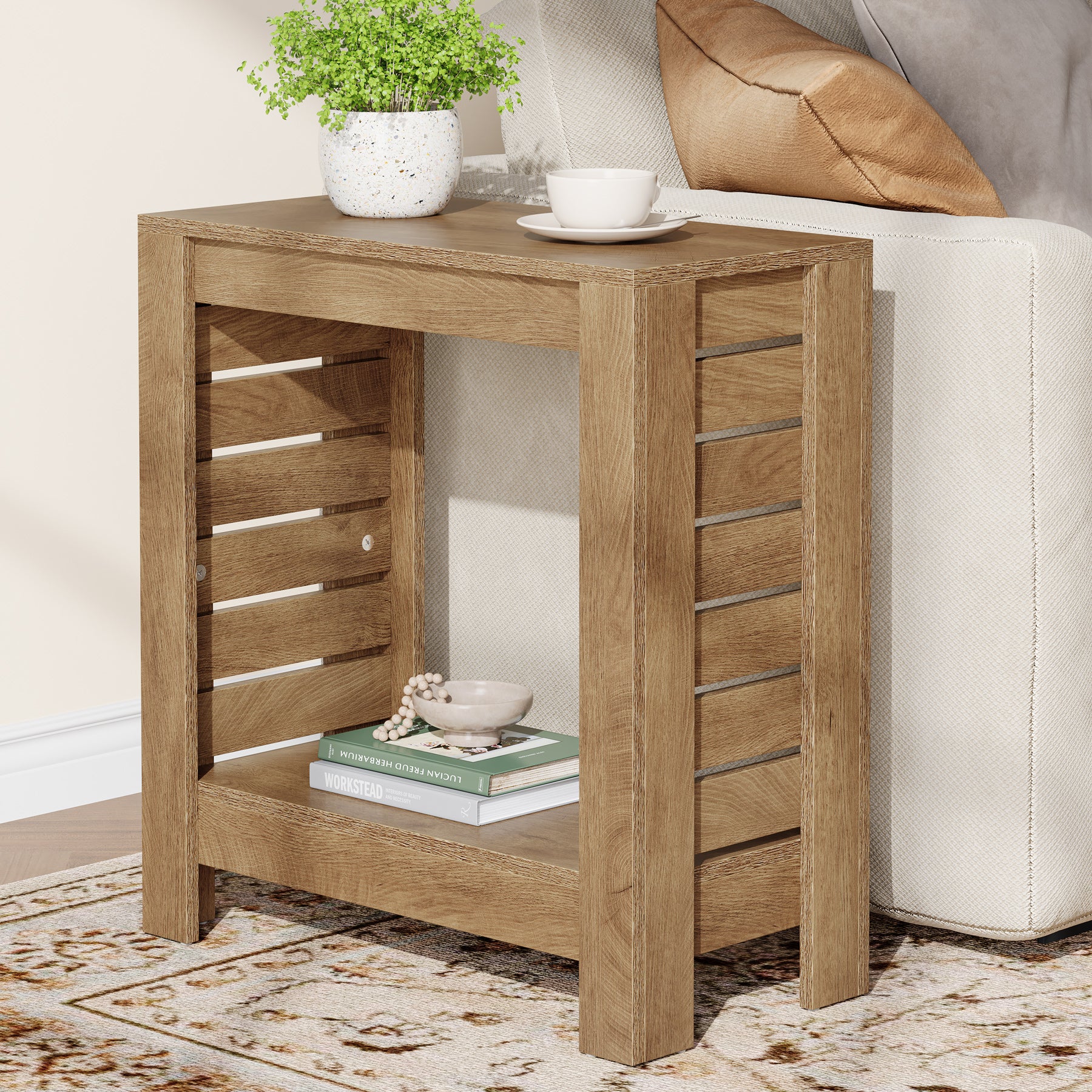 2-Tier Side Table, Wooden End Table Nightstand with Storage Shelf