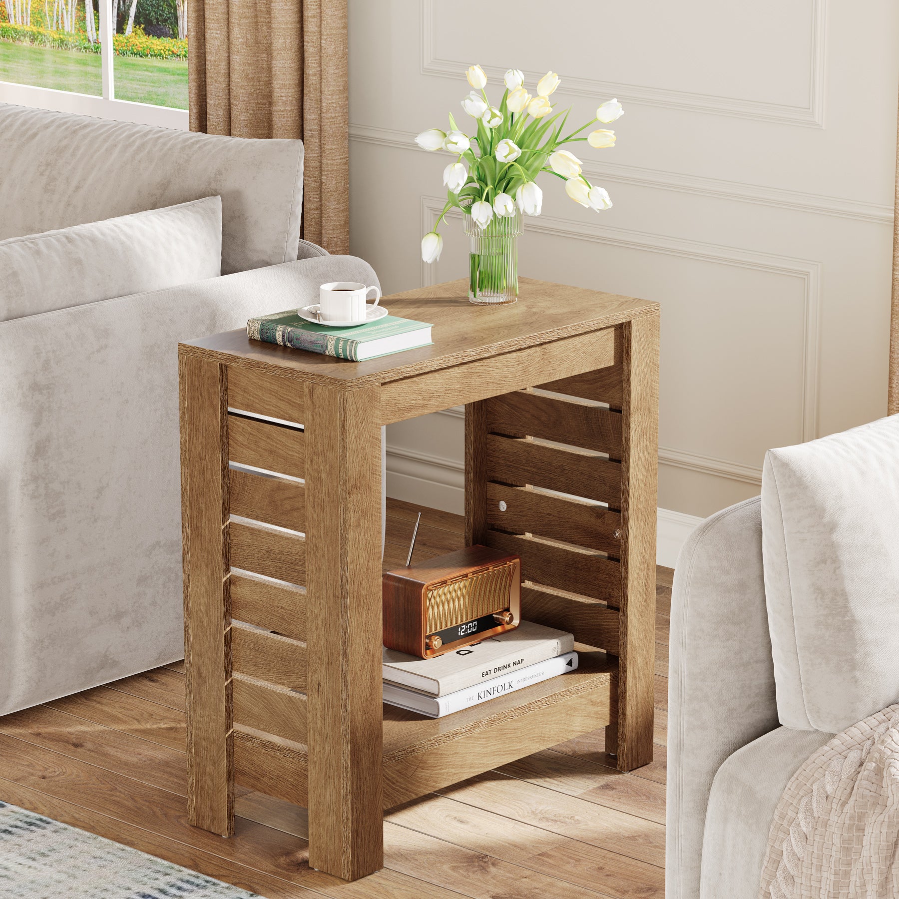 2-Tier Side Table, Wooden End Table Nightstand with Storage Shelf