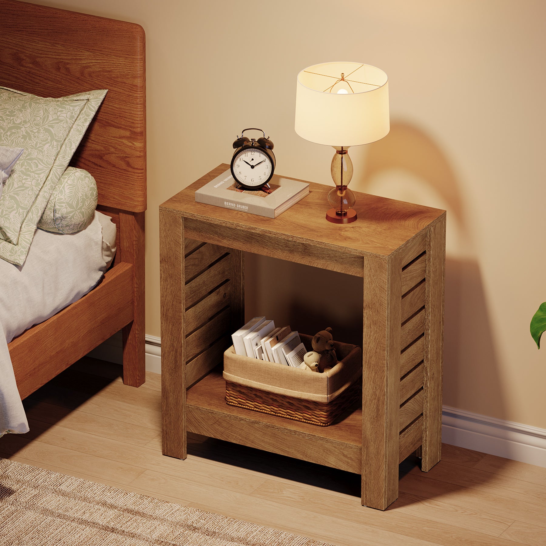 2-Tier Side Table, Wooden End Table Nightstand with Storage Shelf