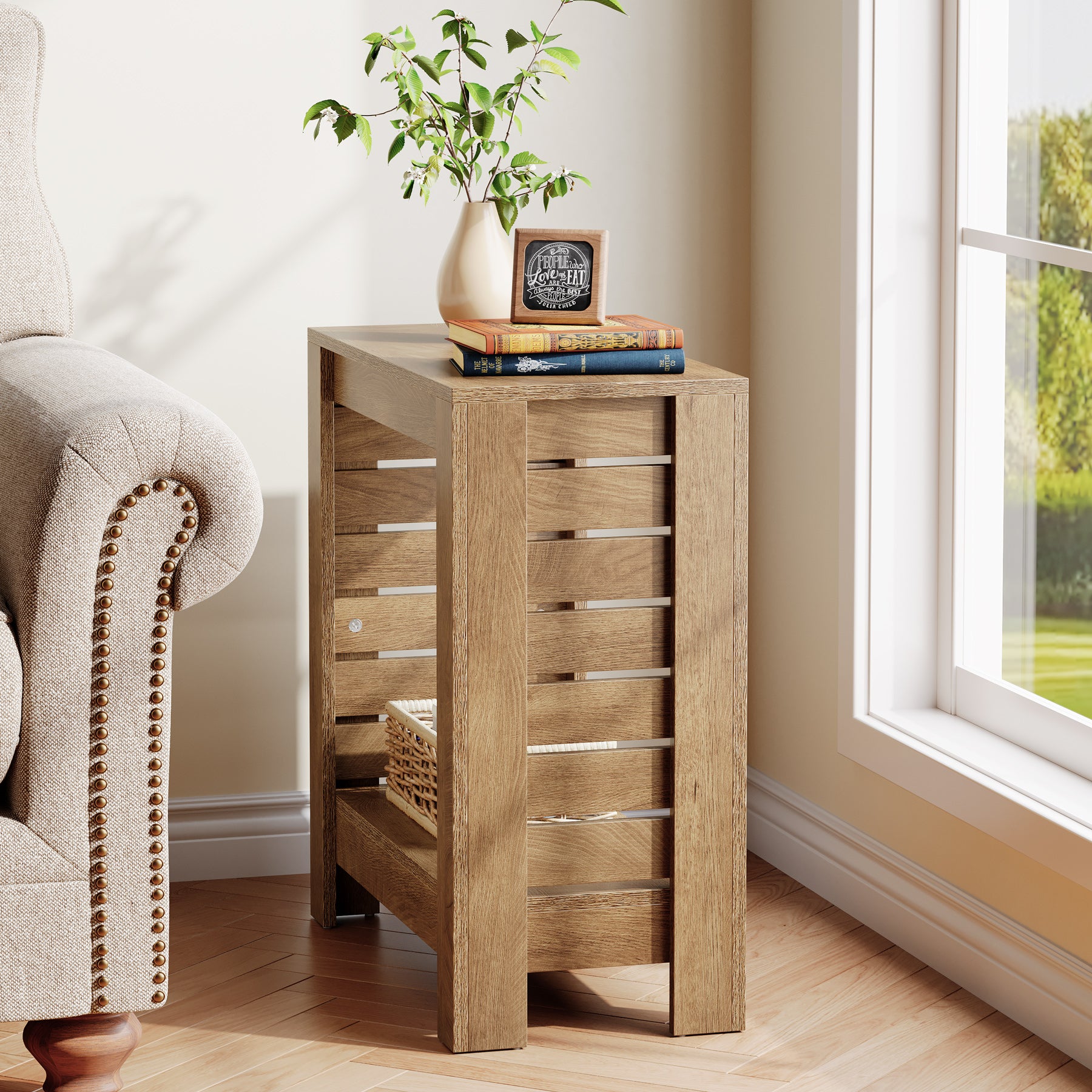 2-Tier Side Table, Wooden End Table Nightstand with Storage Shelf