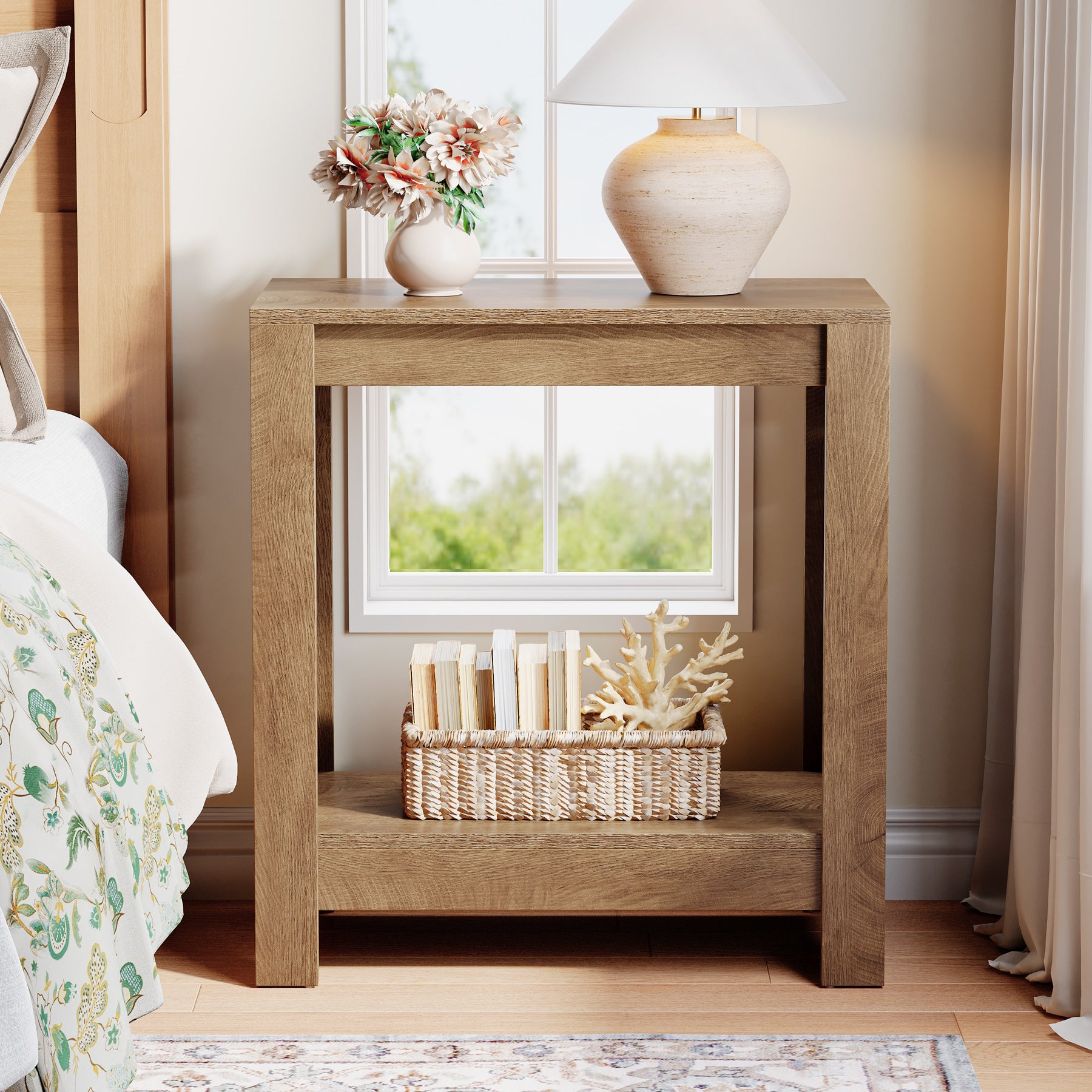 2-Tier Side Table, Wooden End Table Nightstand with Storage Shelf