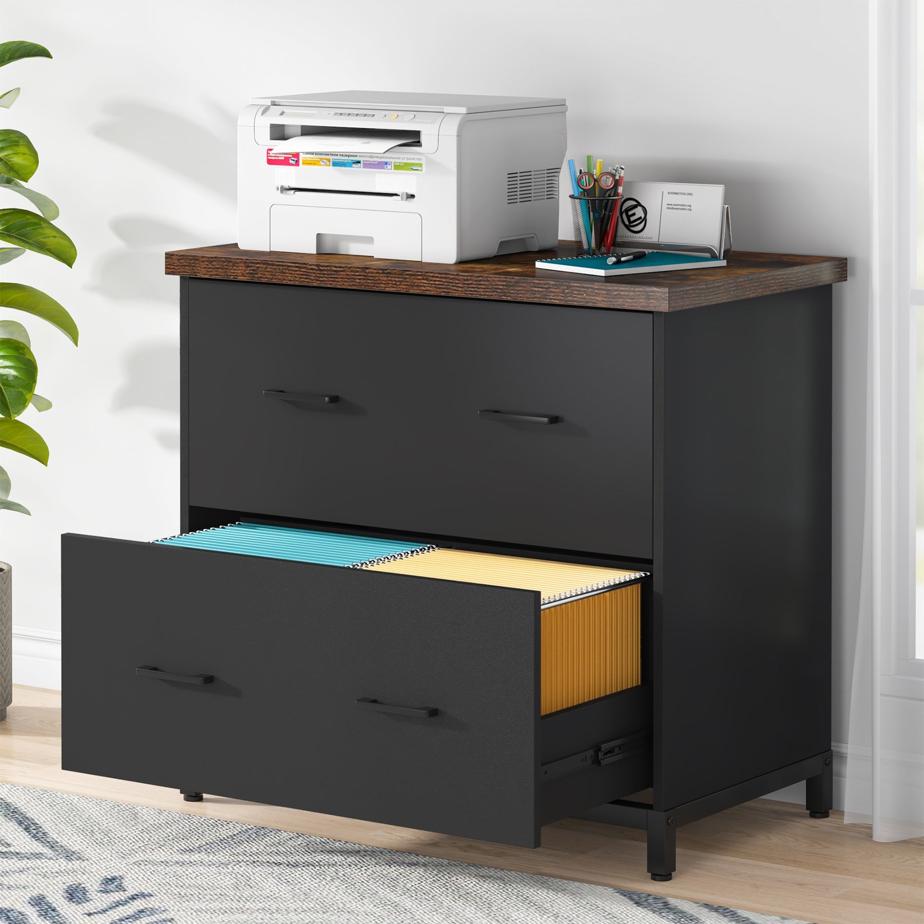Tribesigns's Industrial printer stand with a wooden top and metal frame in a stylish home office.