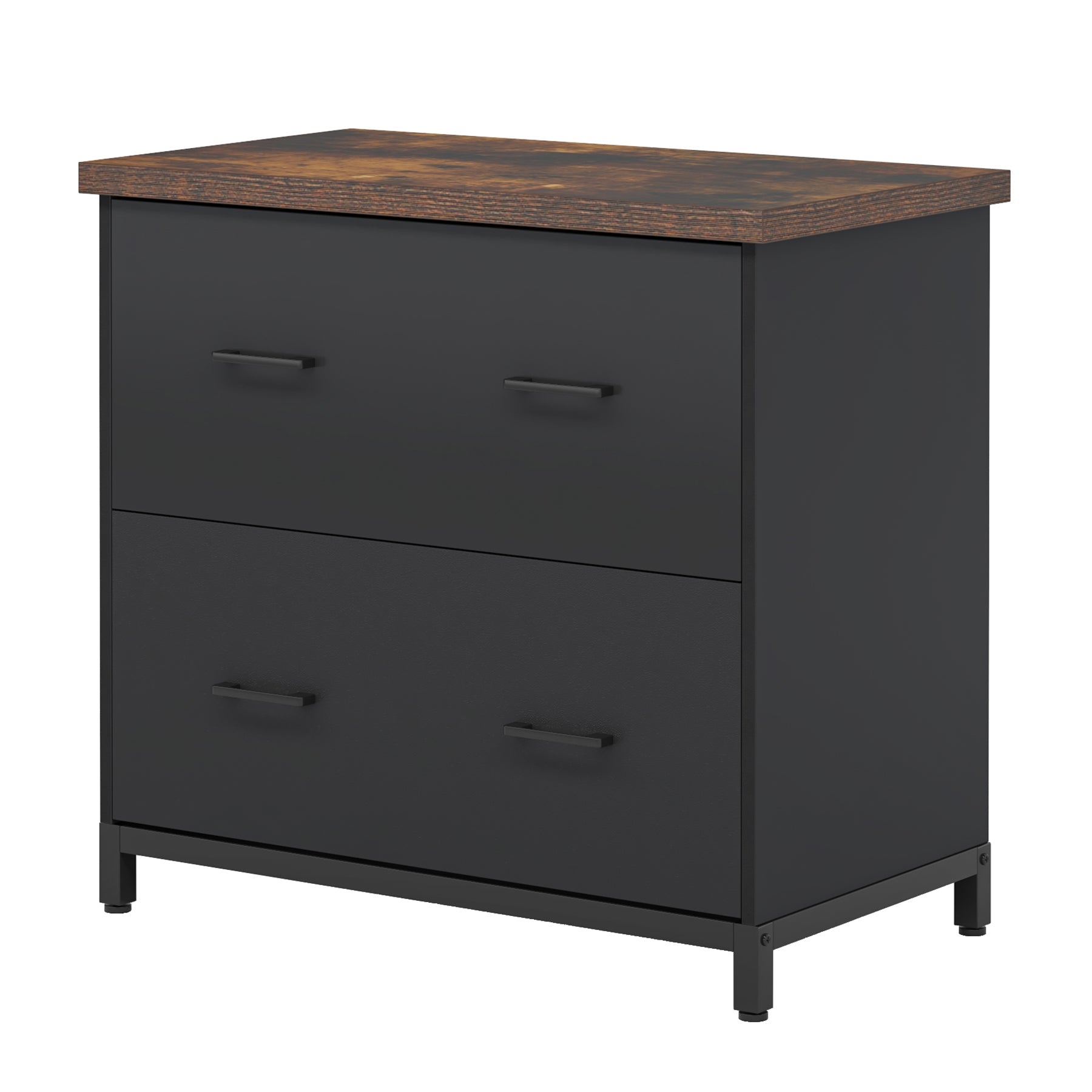 White background image of Tribesigns's Industrial printer stand with a wooden top and metal frame in a stylish home office.