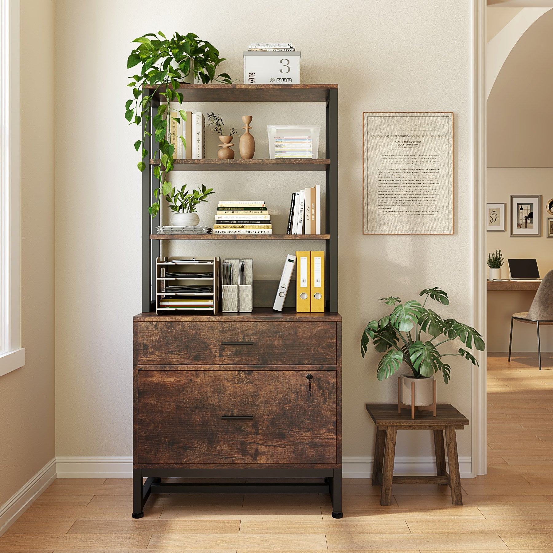 2-Drawer File Cabinet, Vertical Filing Cabinet with Lock & Bookshelf Tribesigns