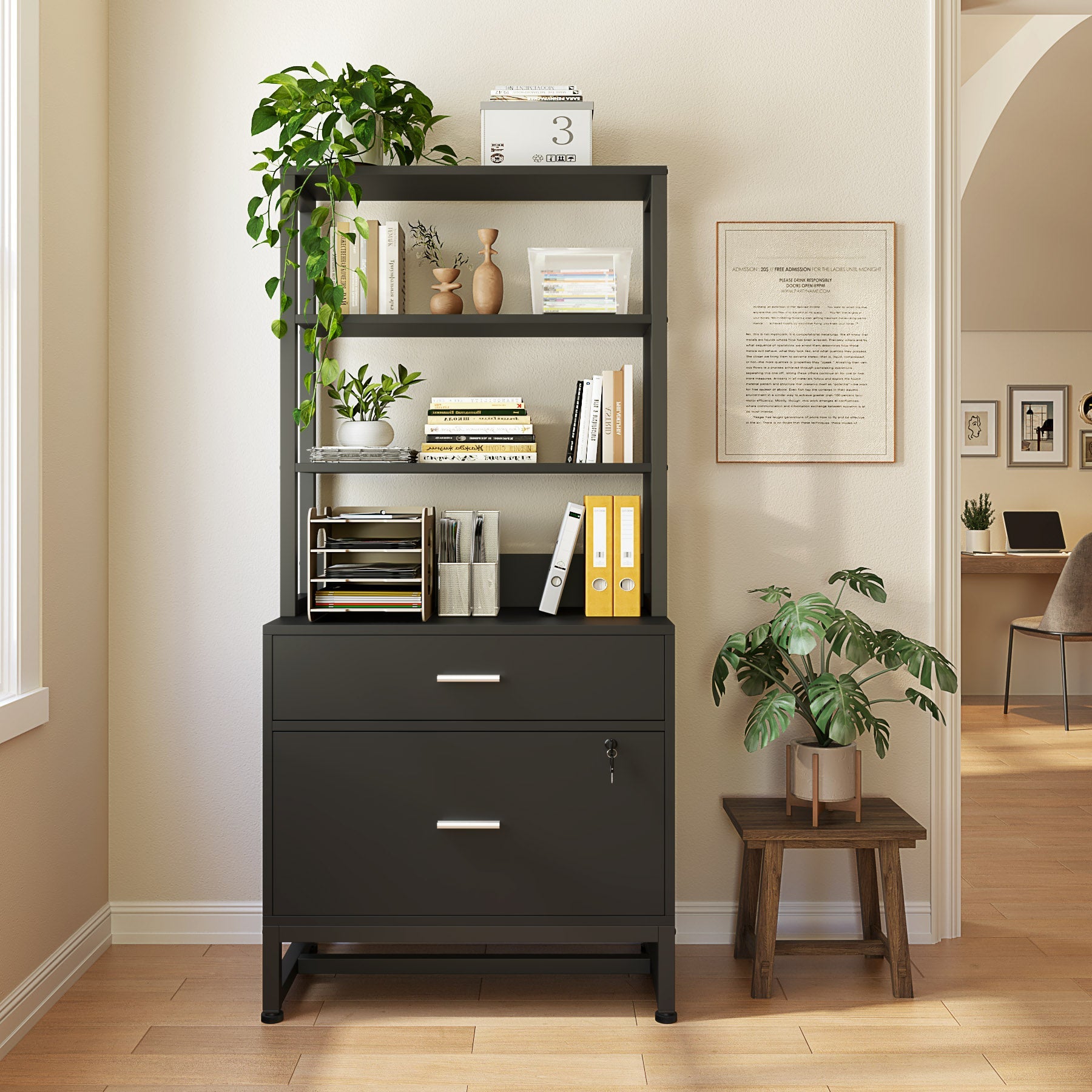 2-Drawer File Cabinet, Vertical Filing Cabinet with Lock & Bookshelf Tribesigns