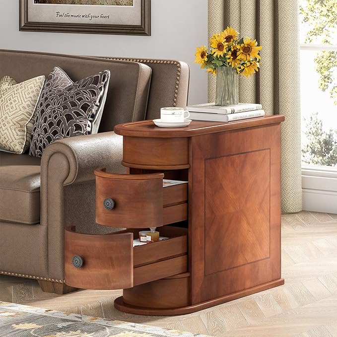 2 Drawers End Table, Wood Side Table Tribesigns