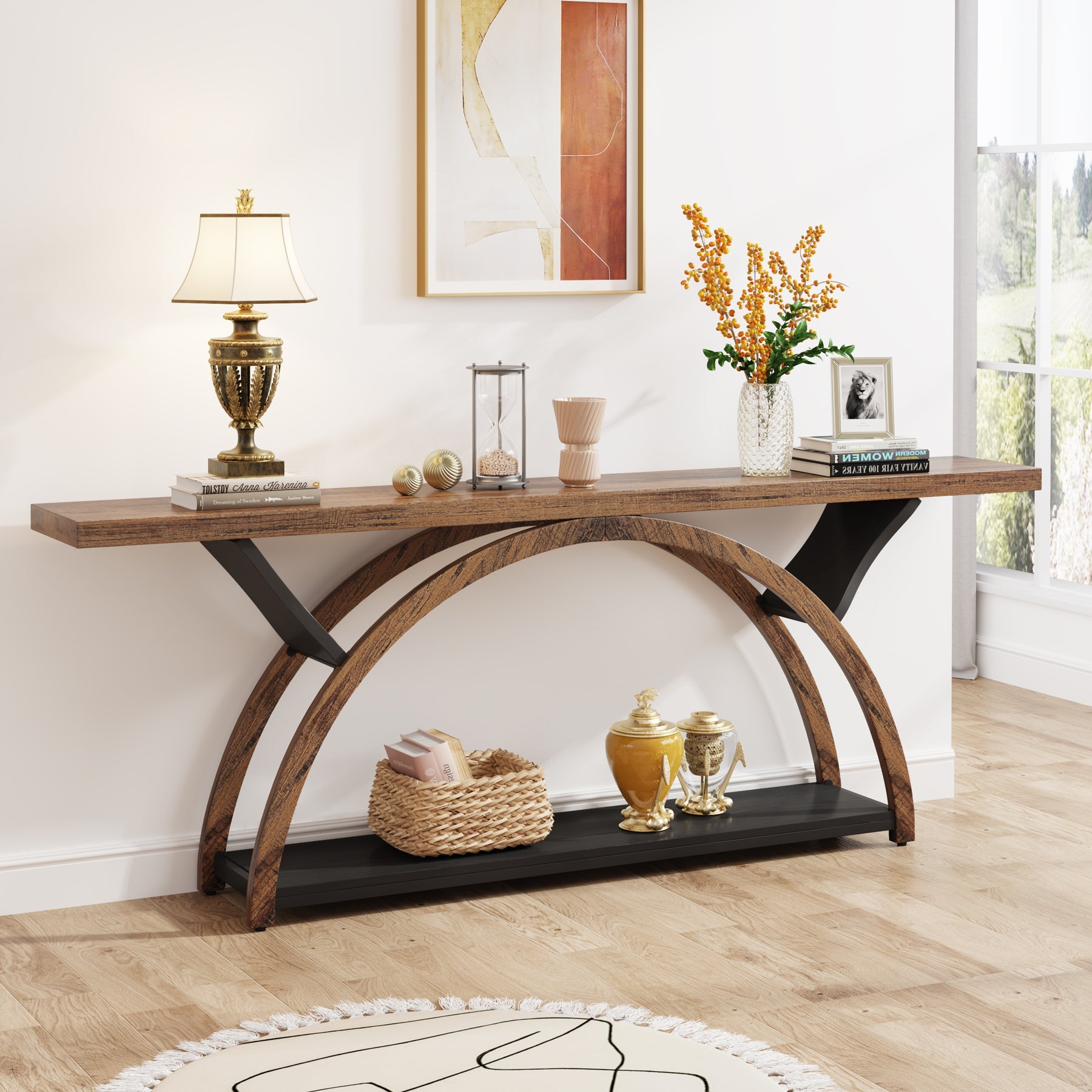 2-Tier Console Table, 70.9" Entryway Table with Half Moon Frame Tribesigns