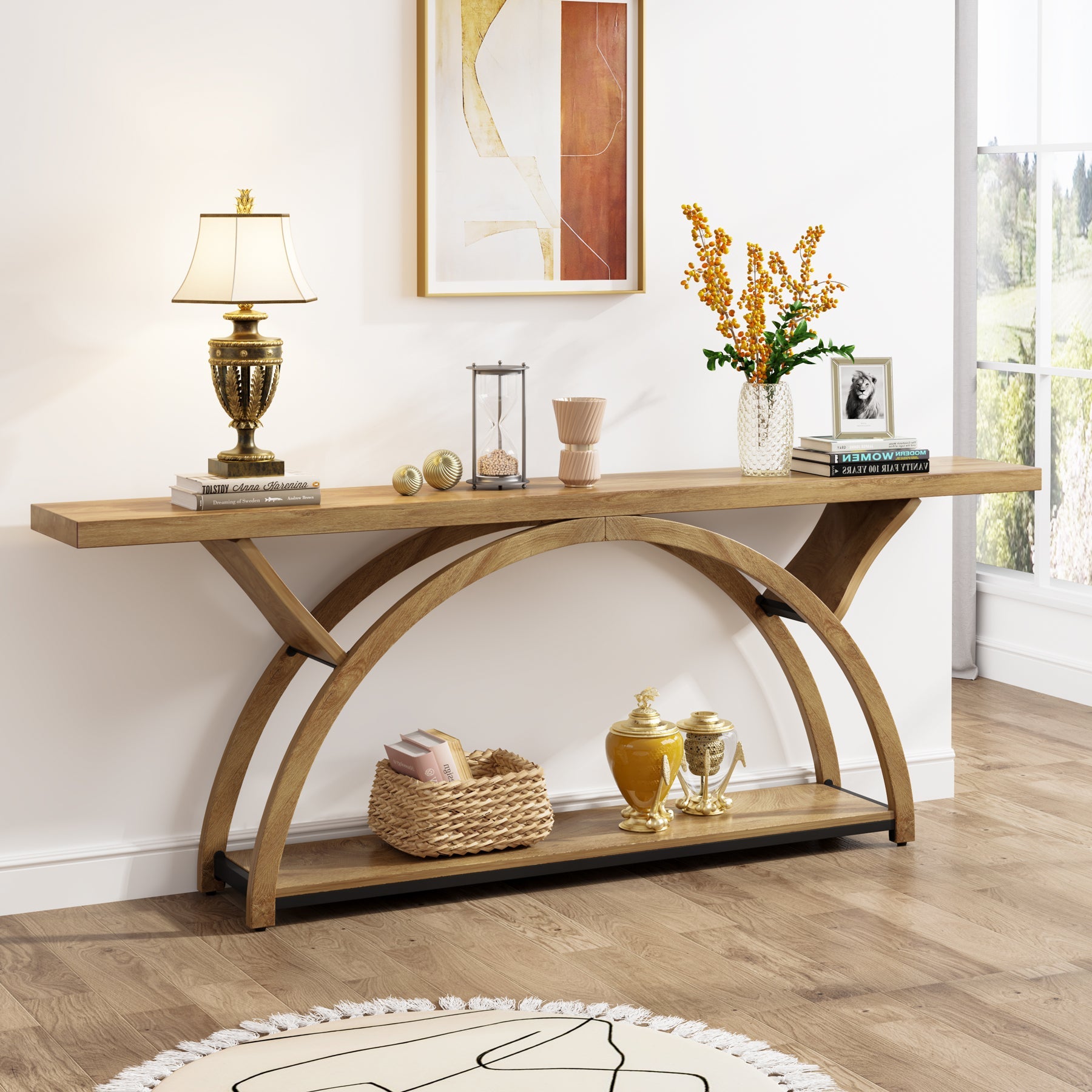 2 - Tier Console Table, 70.9" Entryway Table with Half Moon Frame Tribesigns