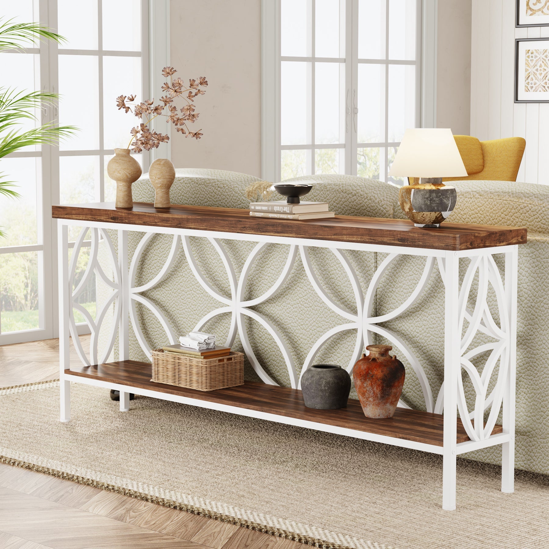2 - Tier Console Table, 70.9" Industrial Sofa Table Behind Couch Tribesigns
