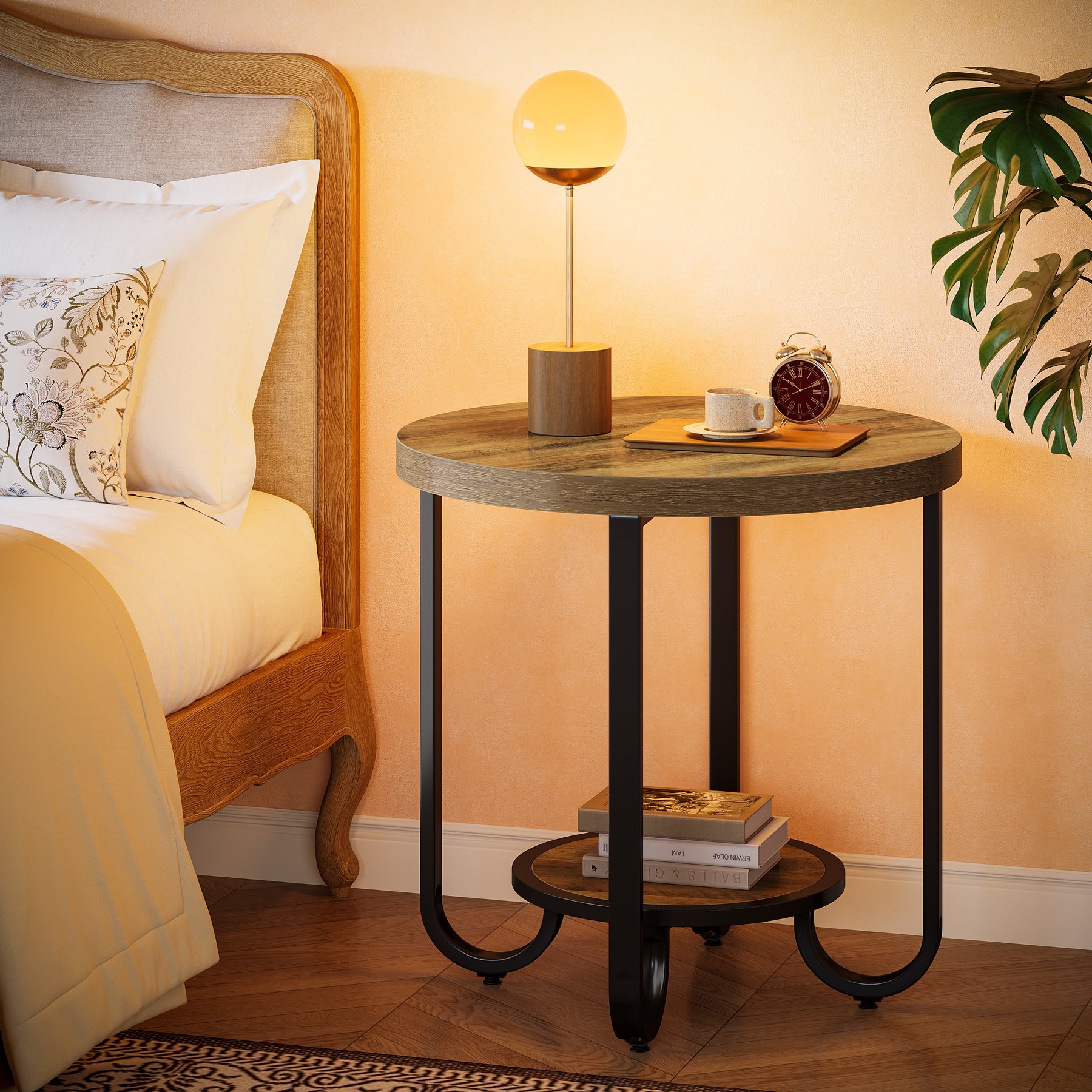 2 - Tier End Table, Round Side Table Nightstand with Curved Metal Legs Tribesigns