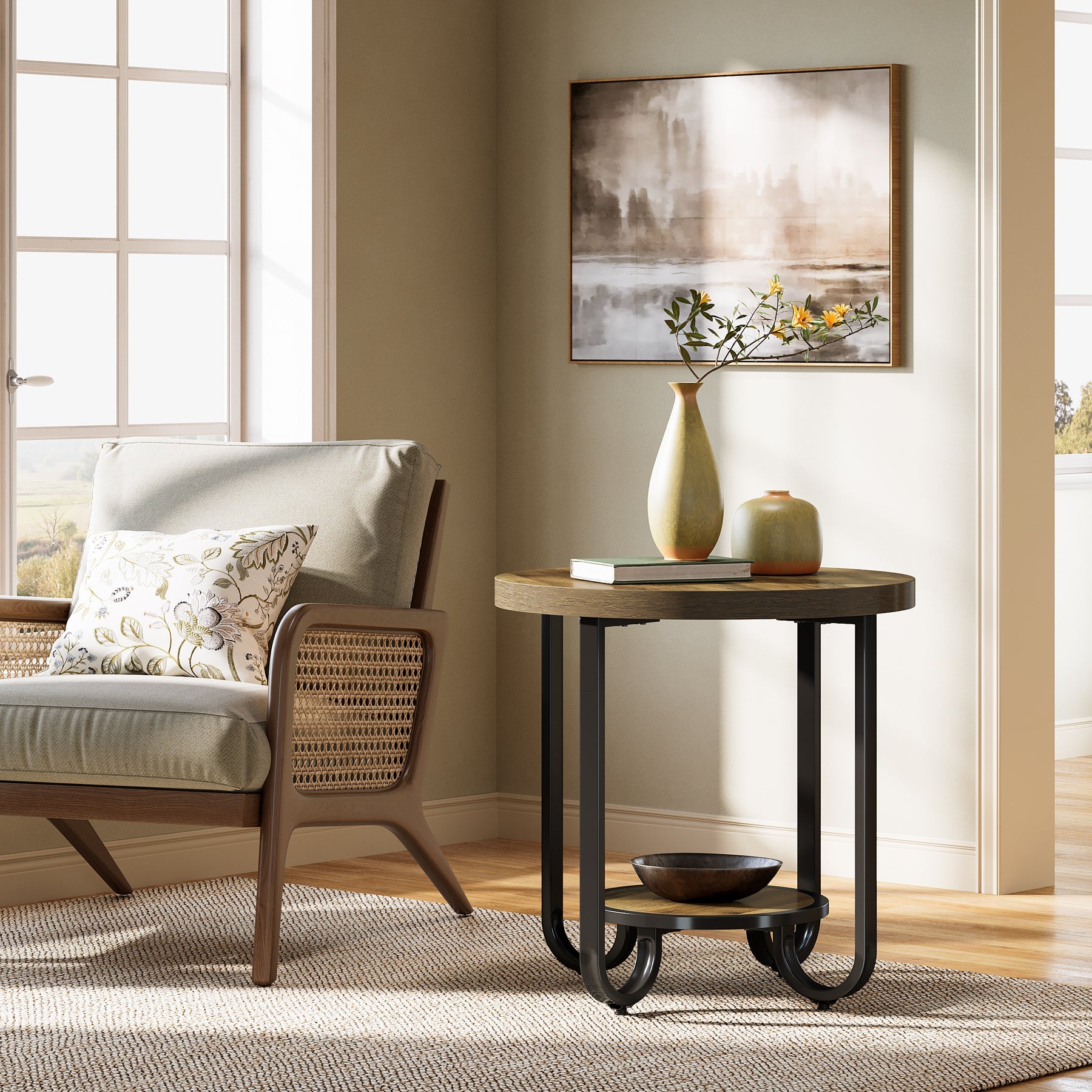 2 - Tier End Table, Round Side Table Nightstand with Curved Metal Legs Tribesigns