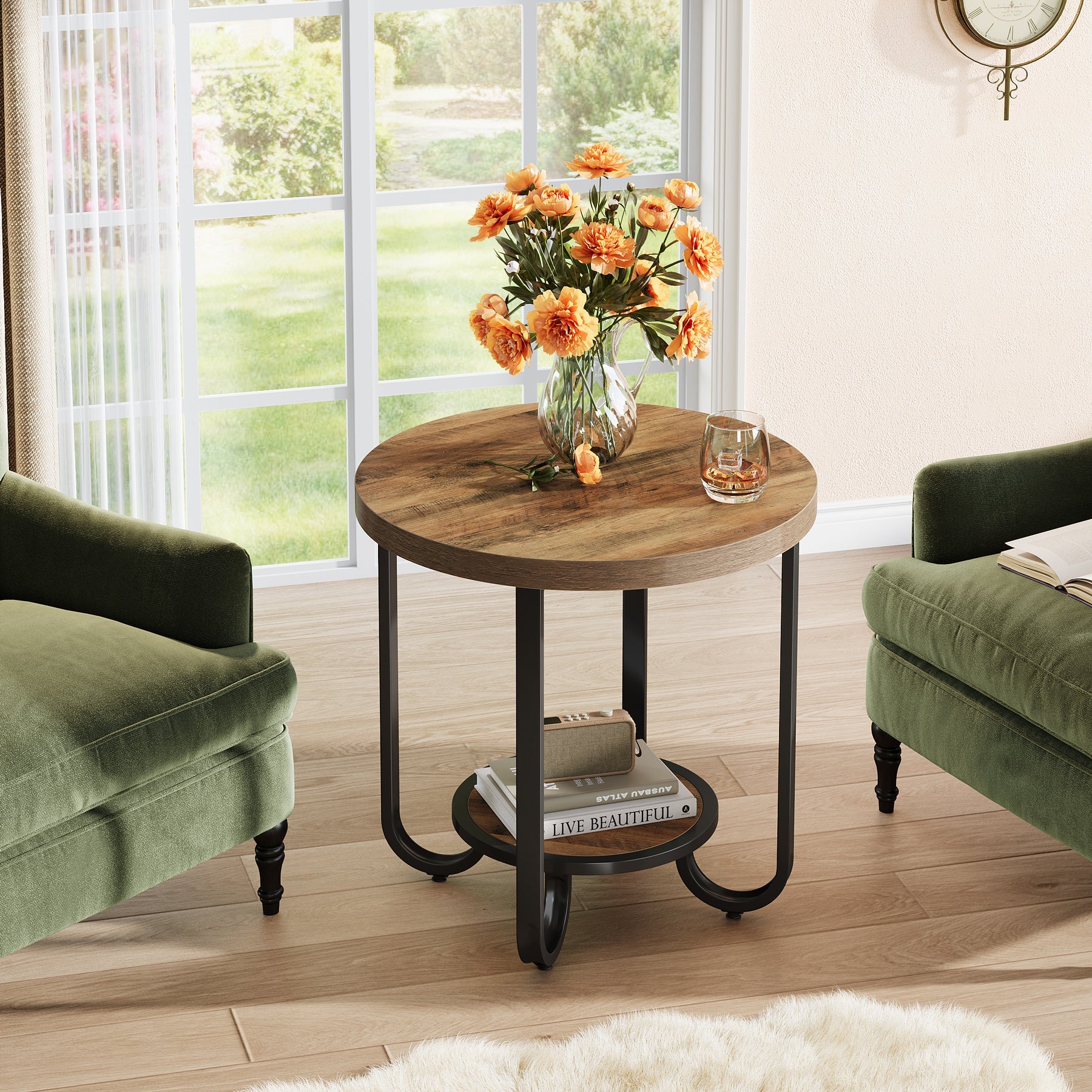 2 - Tier End Table, Round Side Table Nightstand with Curved Metal Legs Tribesigns