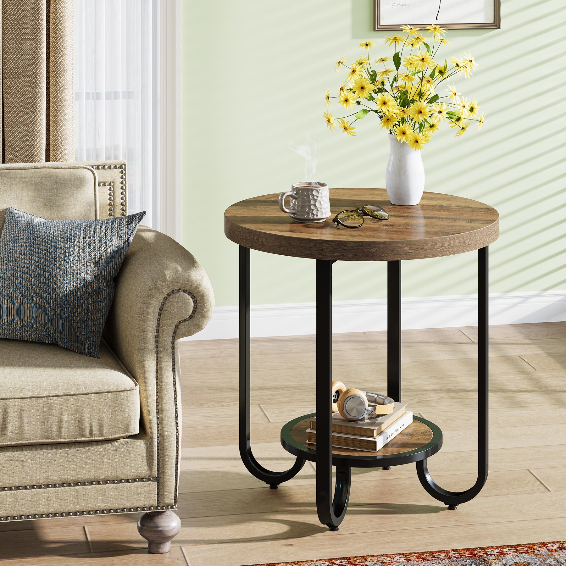 2 - Tier End Table, Round Side Table Nightstand with Curved Metal Legs Tribesigns