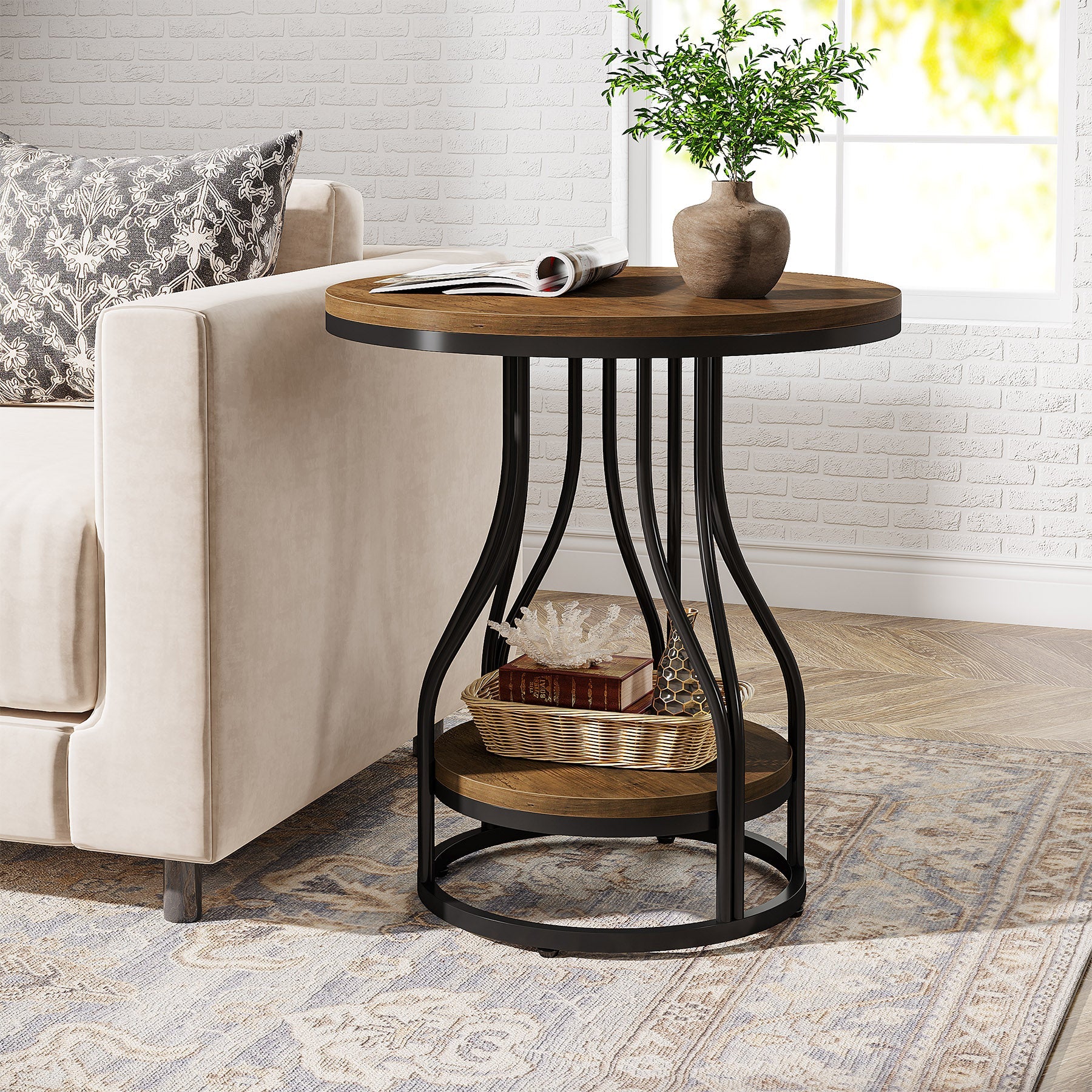 2 - Tier End Table, Round Sofa Side Table with Metal Frame Tribesigns