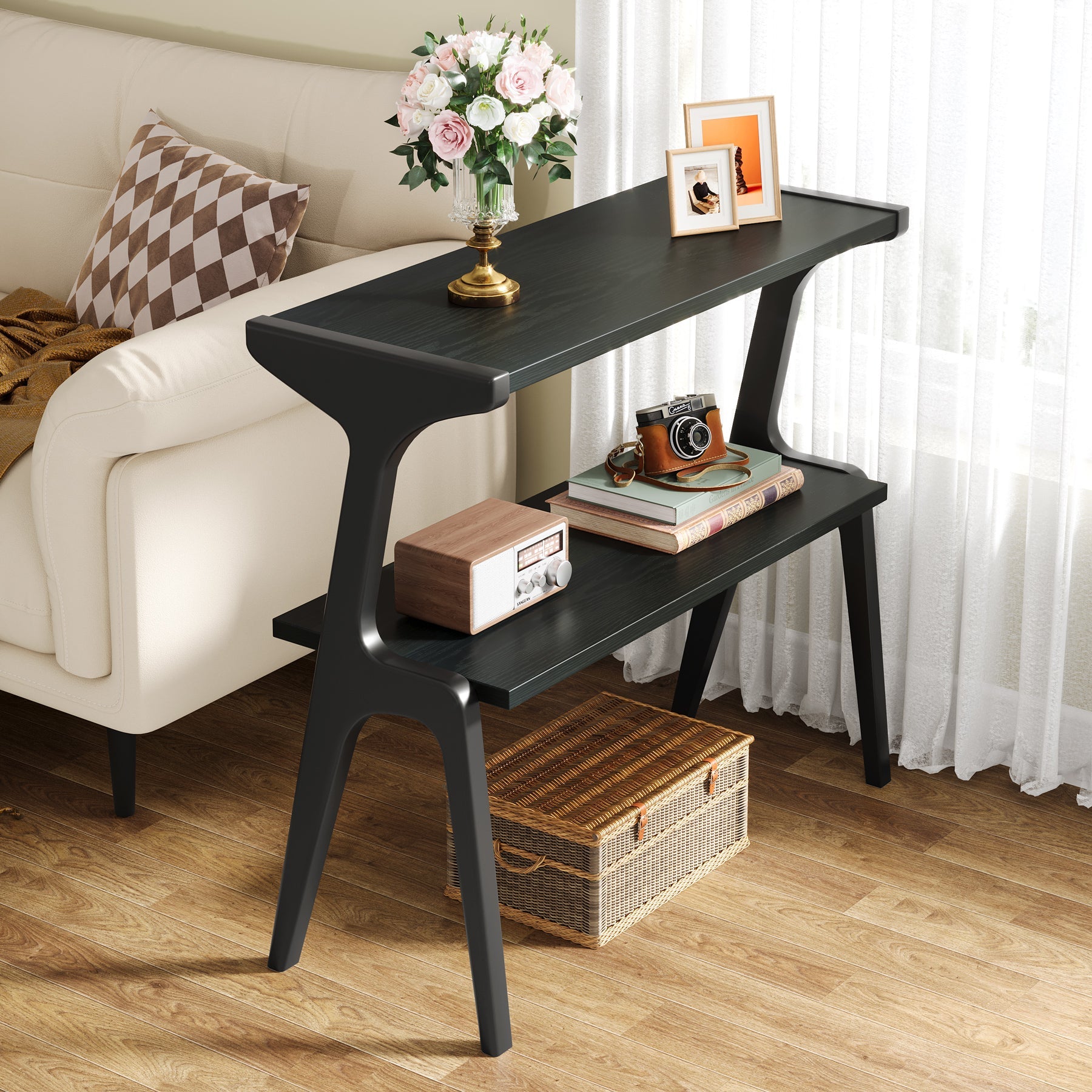 2 - Tier End Table, Slim Sofa Side Table with Storage Shelf Tribesigns