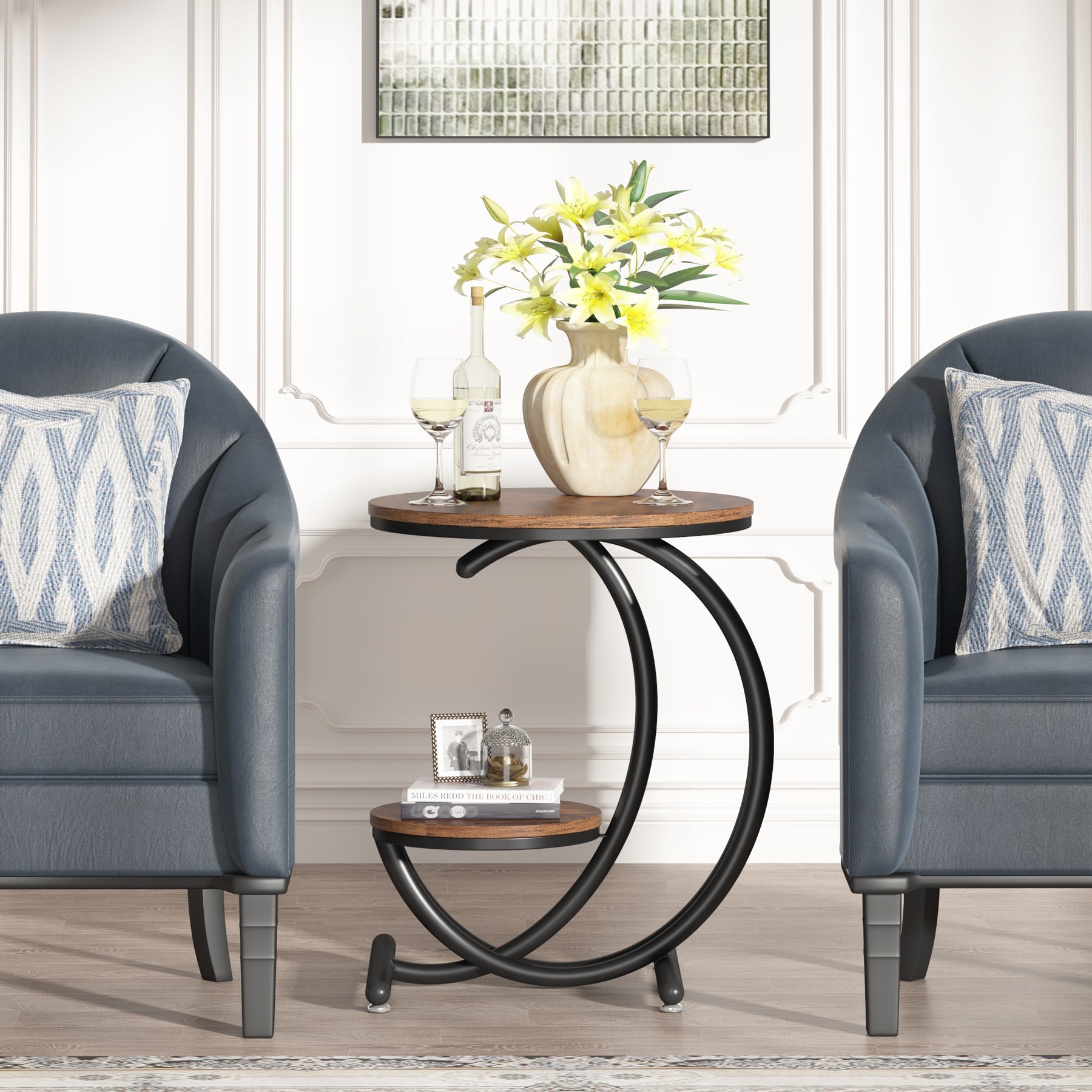 2 - Tier End Table, Small Accent Side Table with C - Shaped Frame Tribesigns