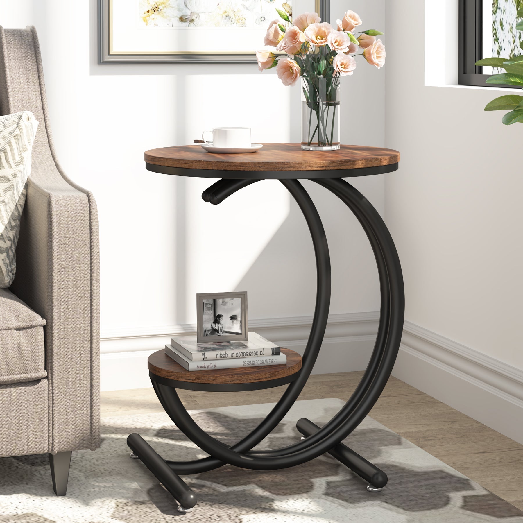 2 - Tier End Table, Small Accent Side Table with C - Shaped Frame Tribesigns