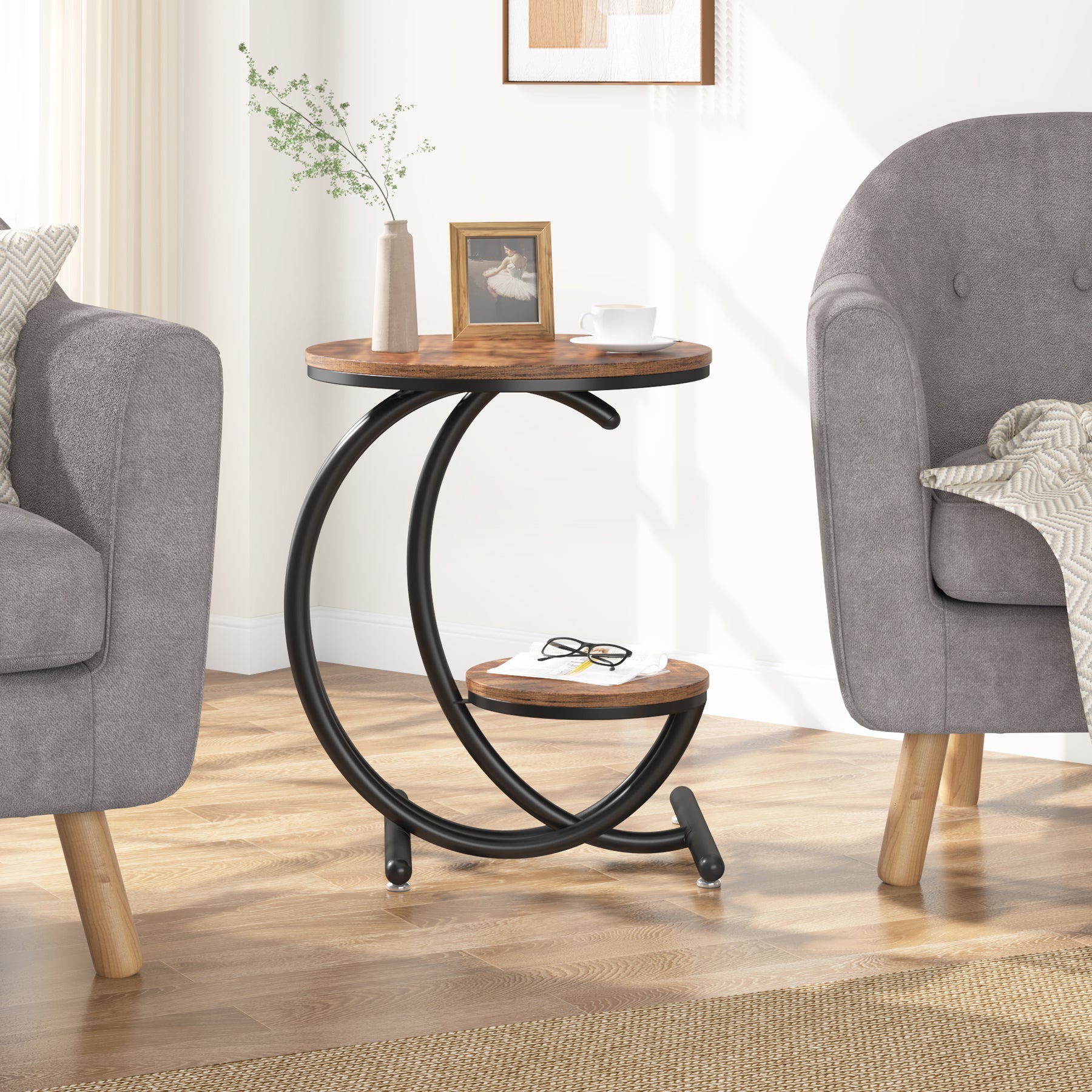 2 - Tier End Table, Small Accent Side Table with C - Shaped Frame Tribesigns