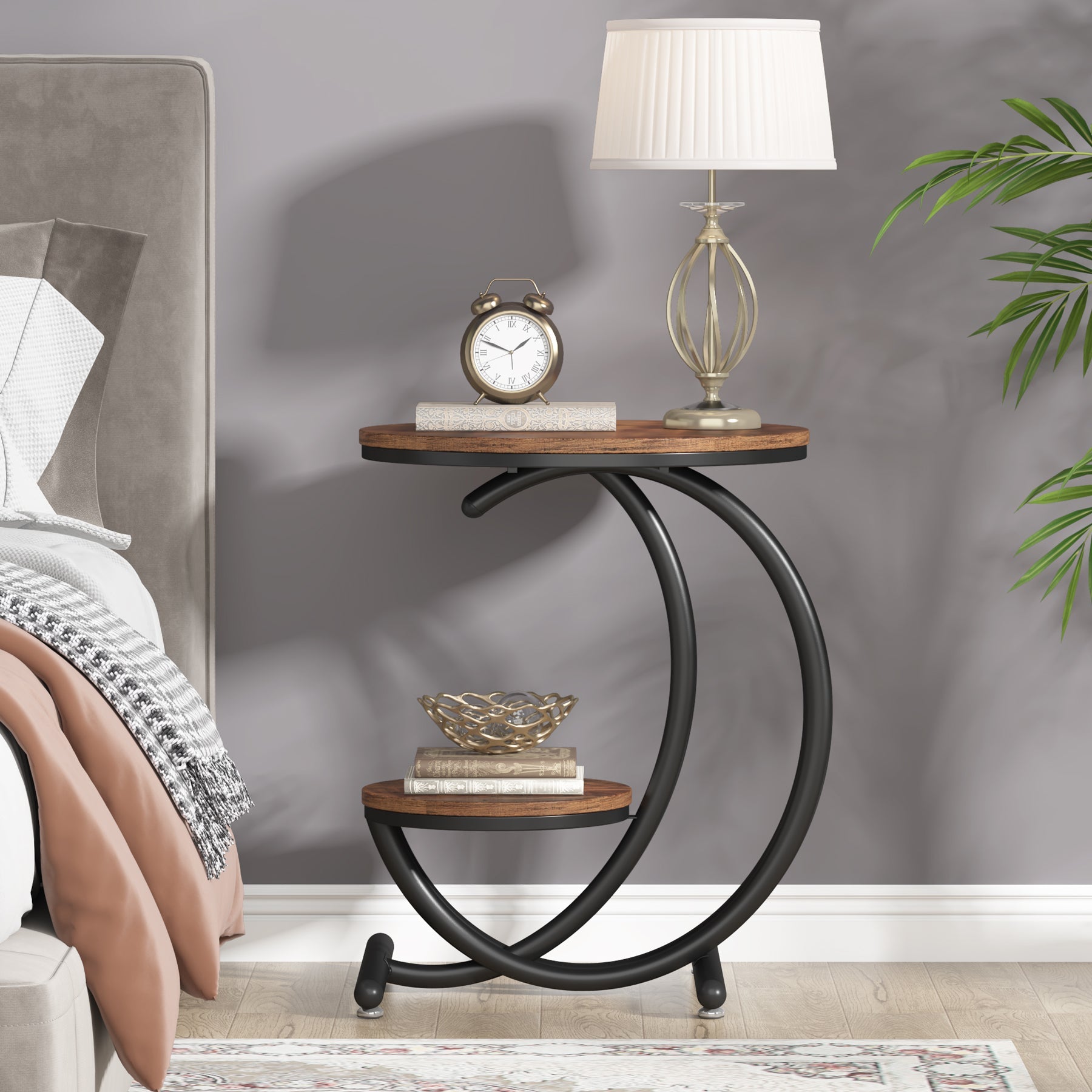 2 - Tier End Table, Small Accent Side Table with C - Shaped Frame Tribesigns
