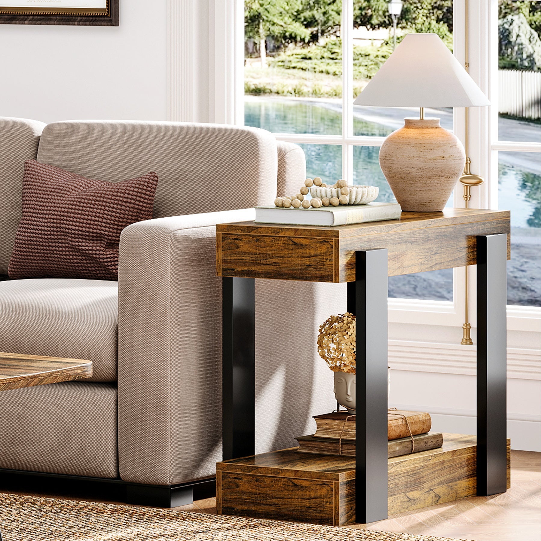 2 - Tier End Table, Wood Farmhouse Side Table for Living Room Tribesigns