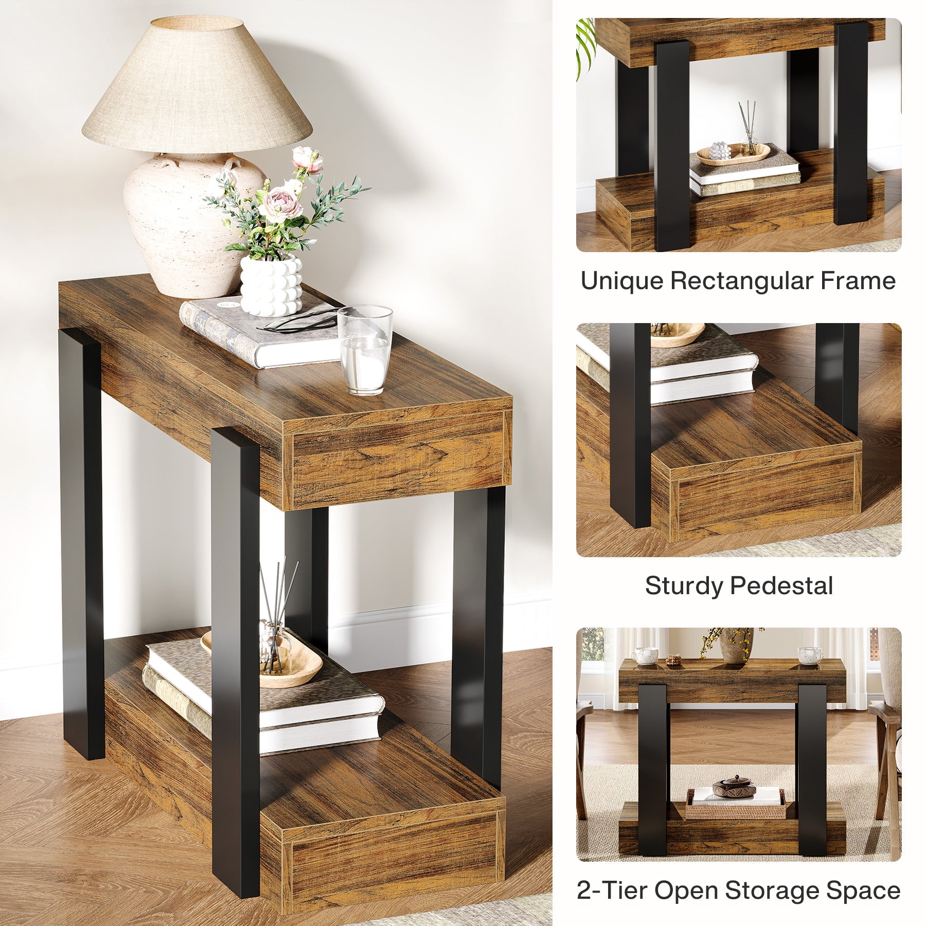 2 - Tier End Table, Wood Farmhouse Side Table for Living Room Tribesigns