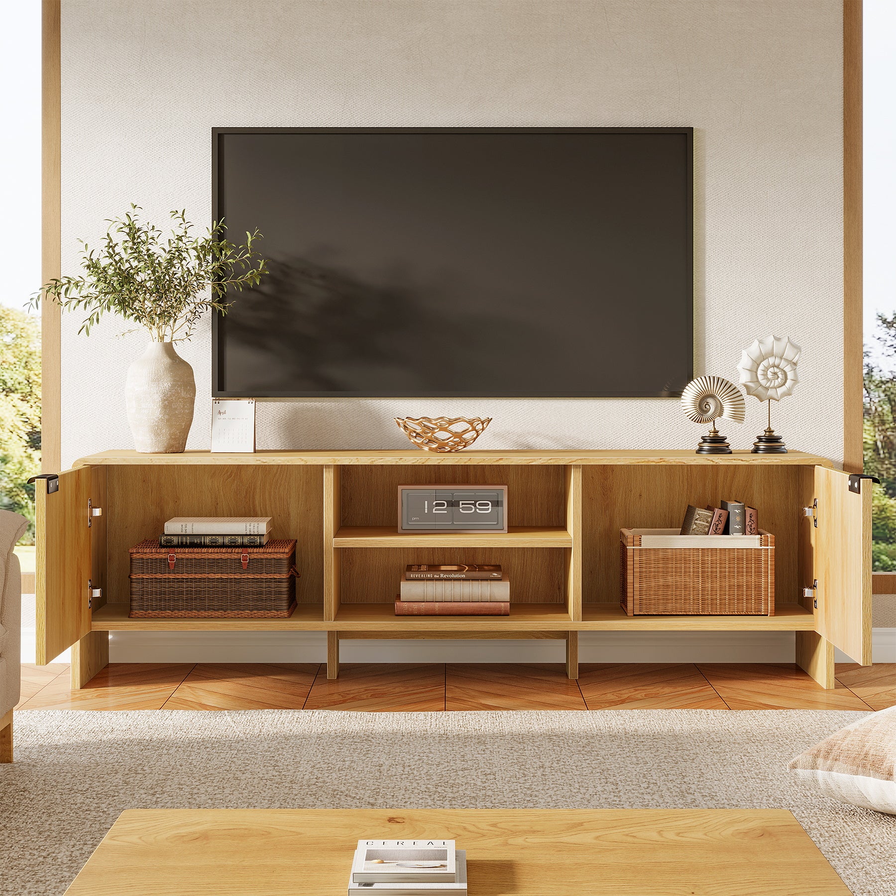 63" Fluted TV Stand with Storage Cabinet and Shelf for TVs up to 75"