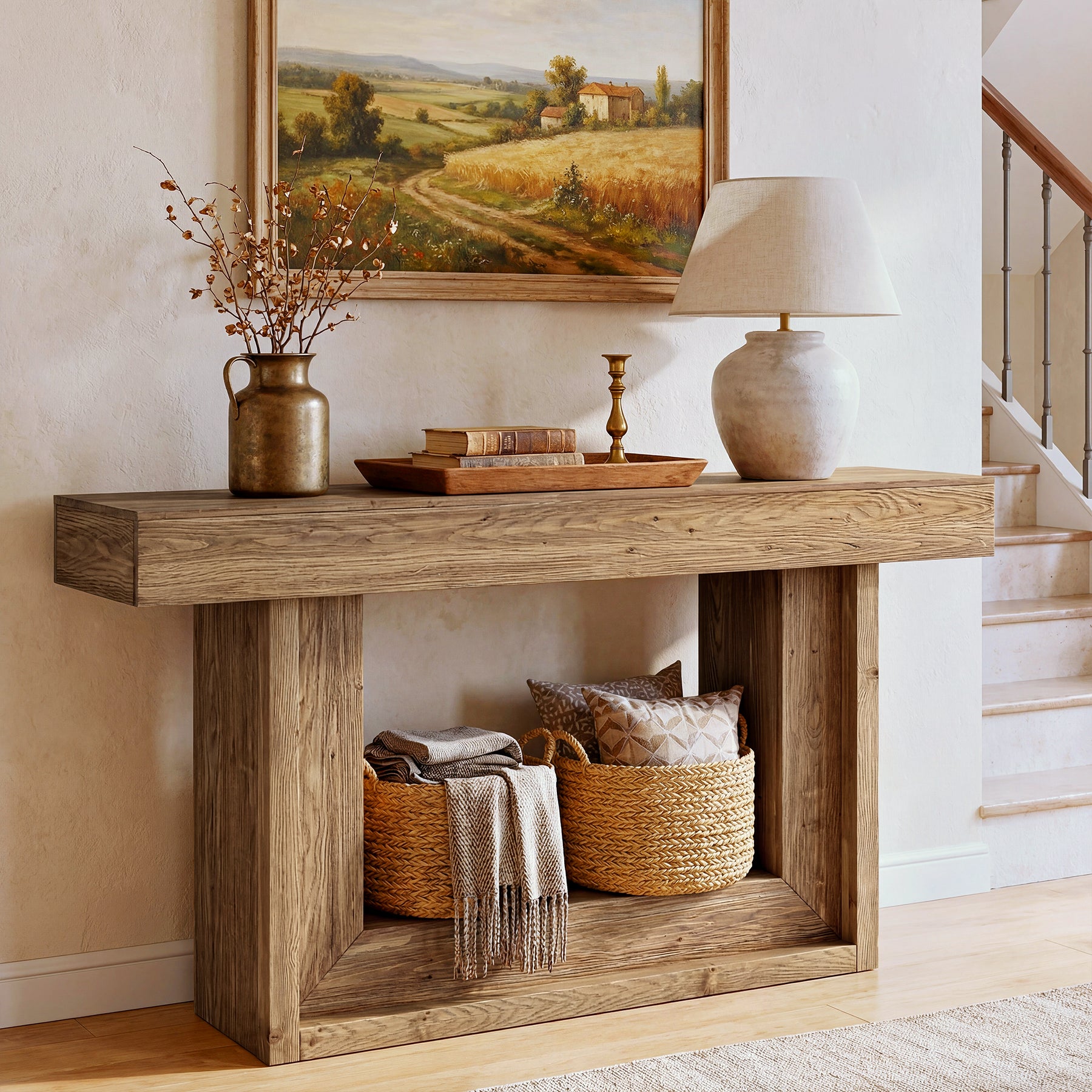 63" Solid Wood Console Table with U-Shaped Base, Farmhouse Narrow Entryway Table with Open Storage Shelf
