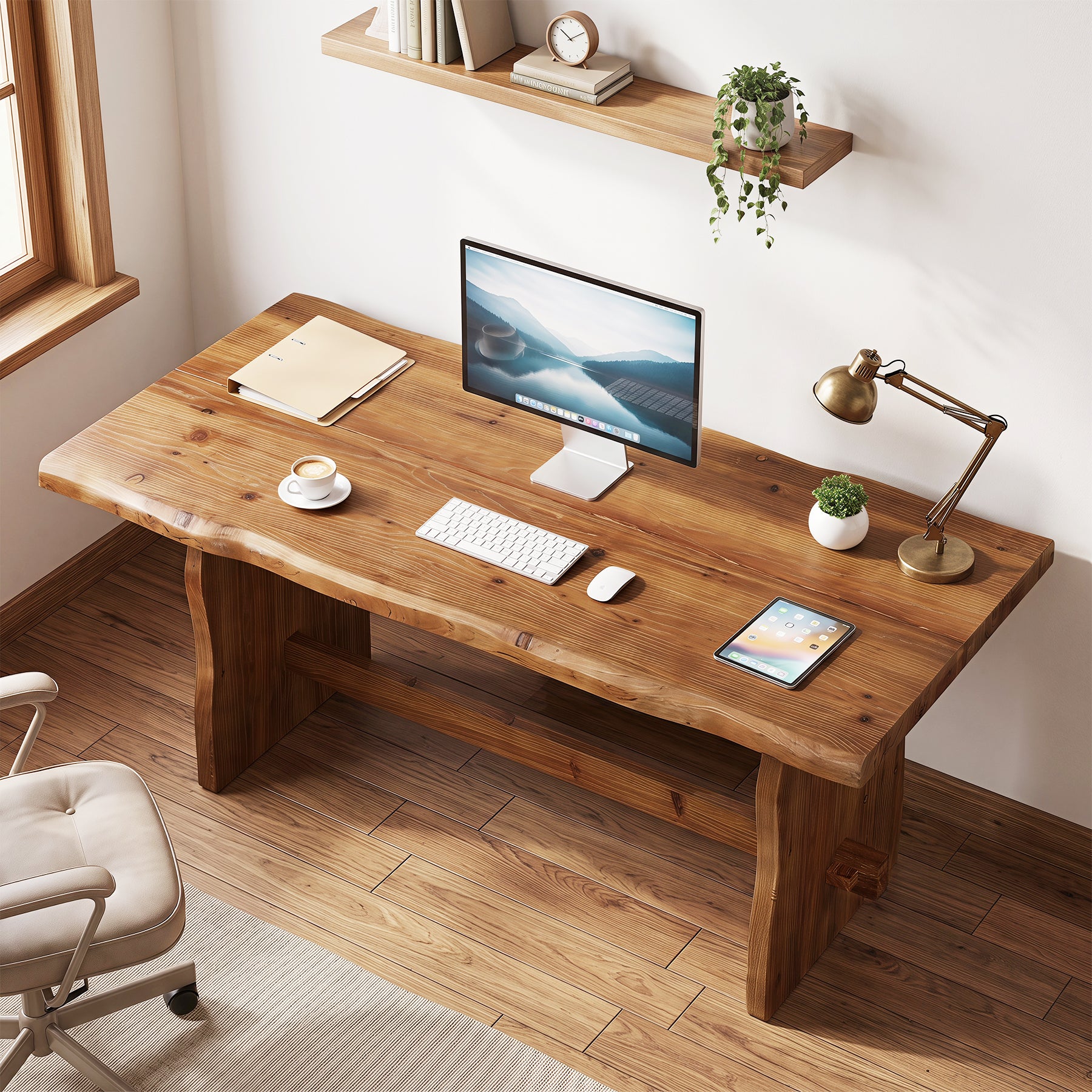 63" Solid Wood Executive Desk, Live Edge Computer Desk with Sturdy Panel Legs for Home Office