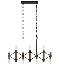 7-Light Farmhouse Linear Chandelier, Faux Wood Pendant Light with Black Metal