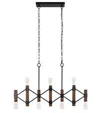 7-Light Farmhouse Linear Chandelier, Faux Wood Pendant Light with Black Metal