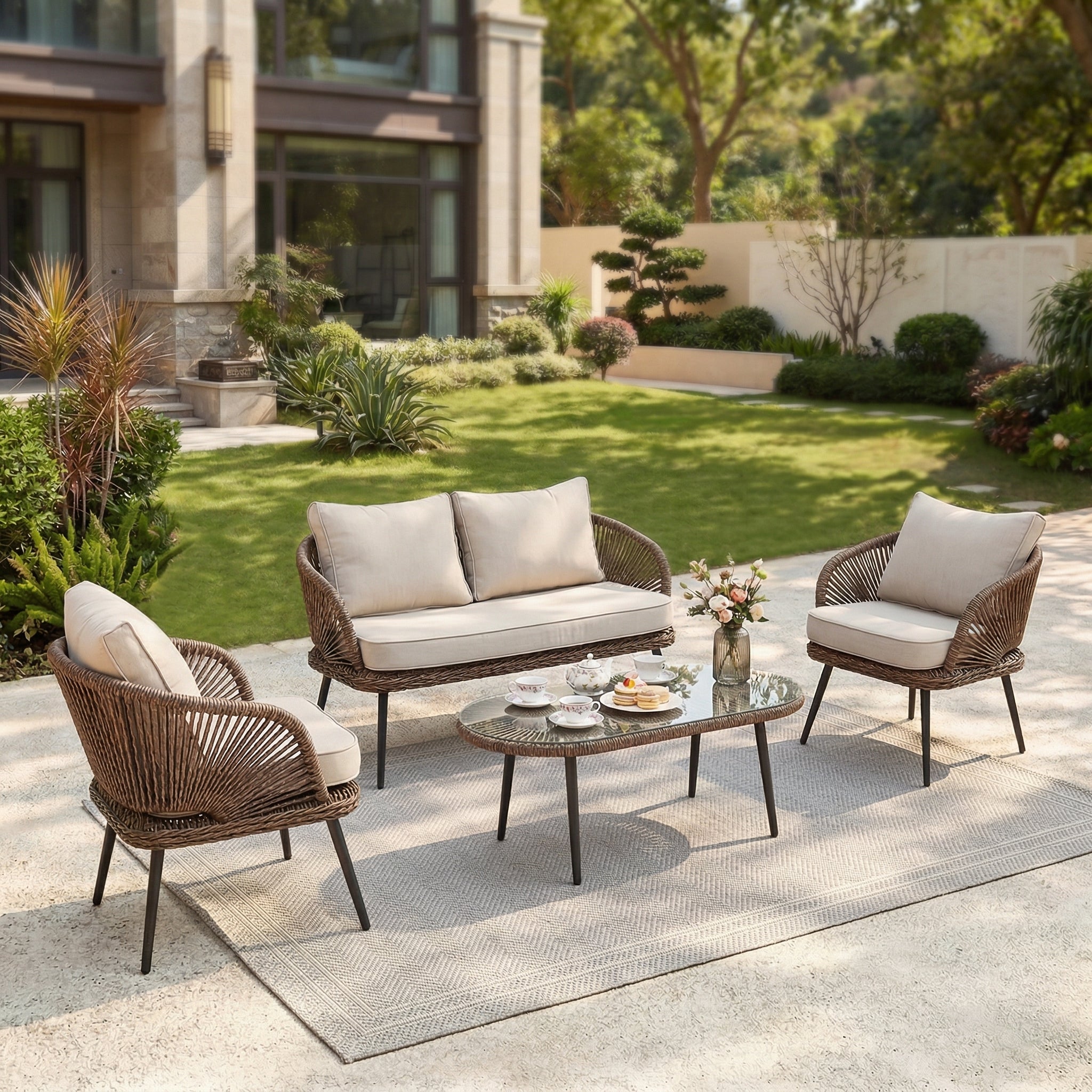 4-Piece Rattan Outdoor Patio Furniture Set with Removable Cushions and Coffee Table