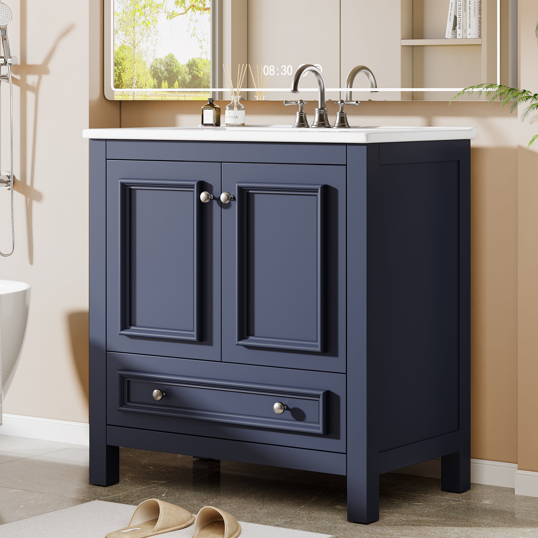 Modern Bathroom Vanity, Vanity Cabinet with Ceramic Basin and 1 Drawer
