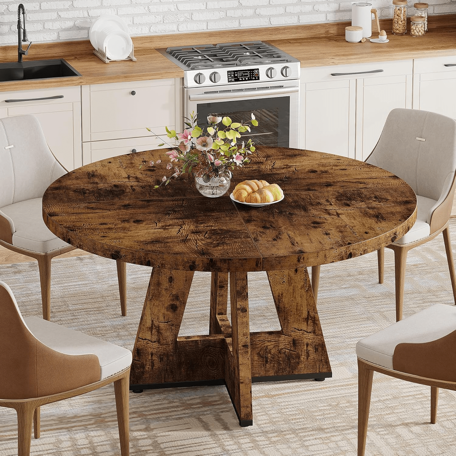 47-Inch Round Farmhouse Dining Table for 4–6 with Cross-Style Pedestal Base