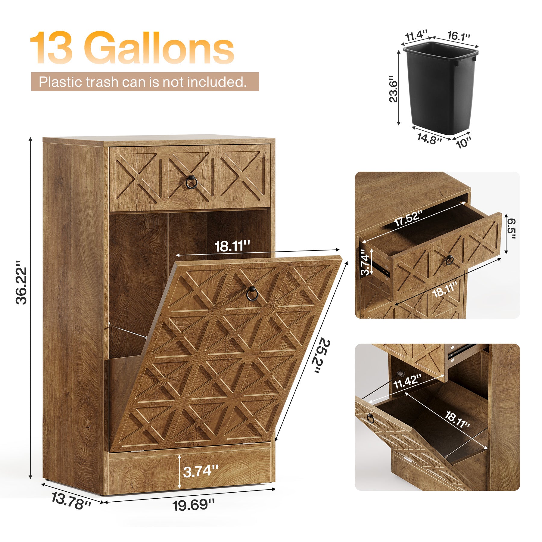 13 Gallons Tilt Out Trash Can, Hidden Garbage Cabinet with Drawer for Kitchen