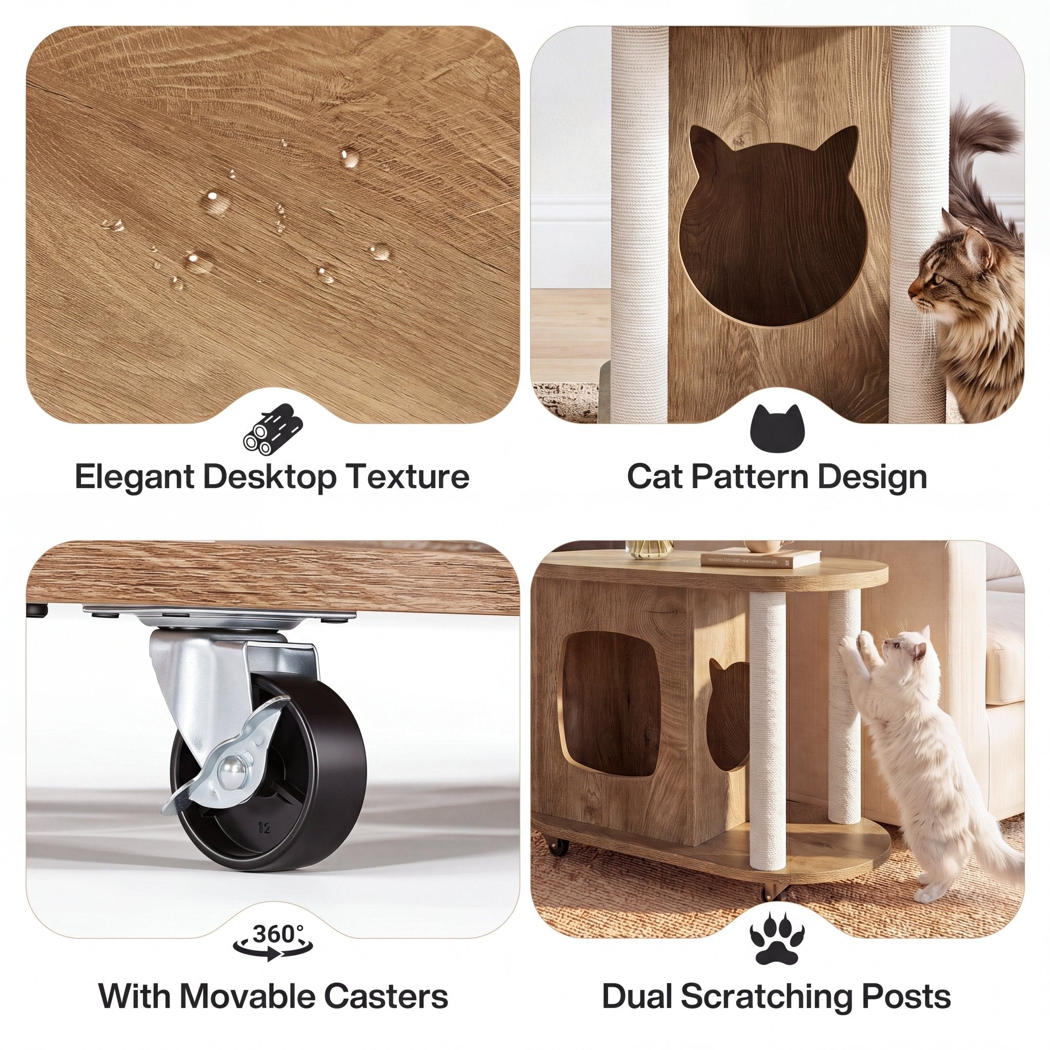 Rolling Sofa Side Table, End Table with Scratching Posts and Cat Bed