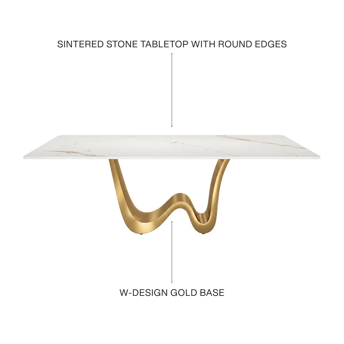 Sintered stone dining table for 8 with a scratch-resistant, heat-resistant top and bold W-shaped gold base