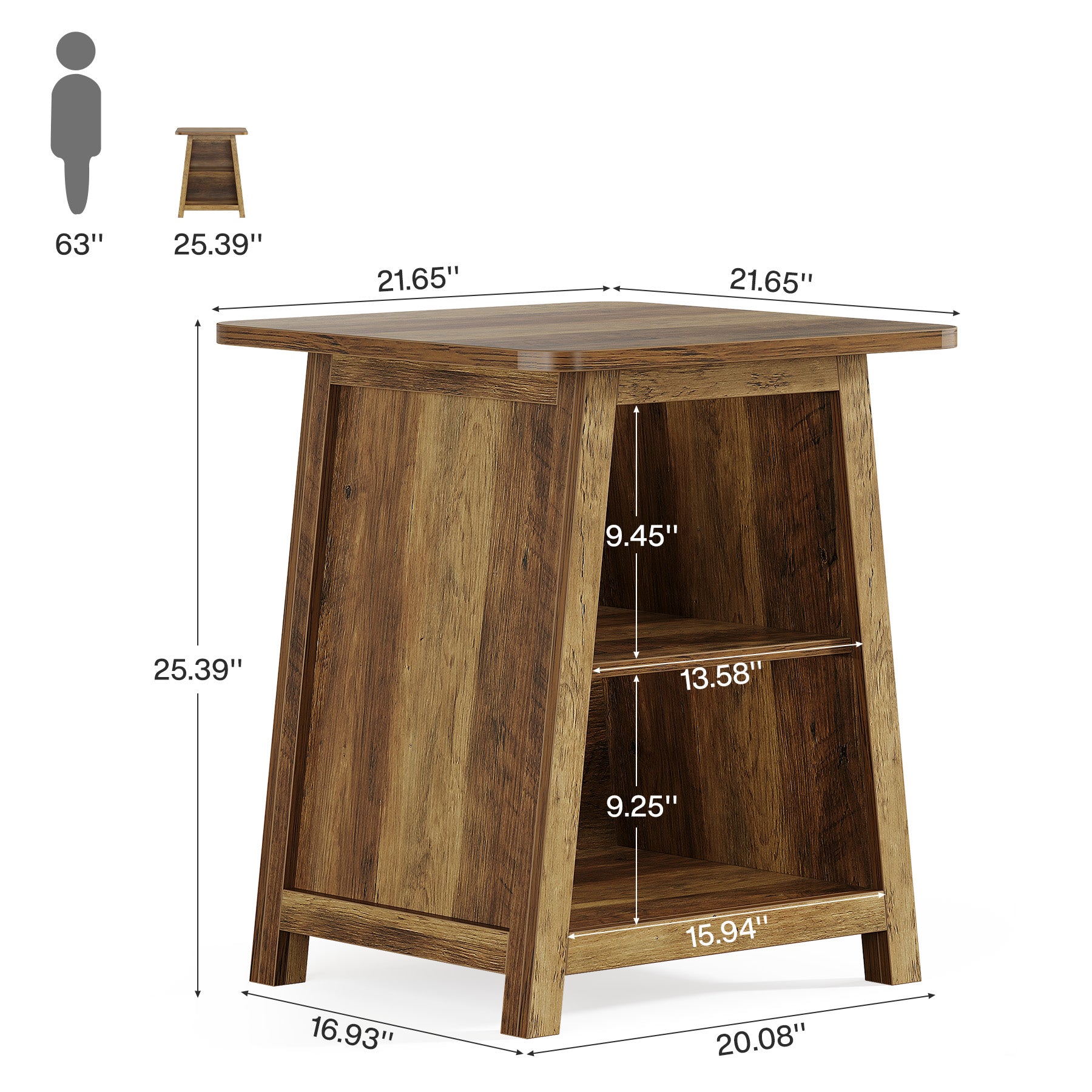 21.6" End Table, 3-Tier Sofa Side Table With Storage