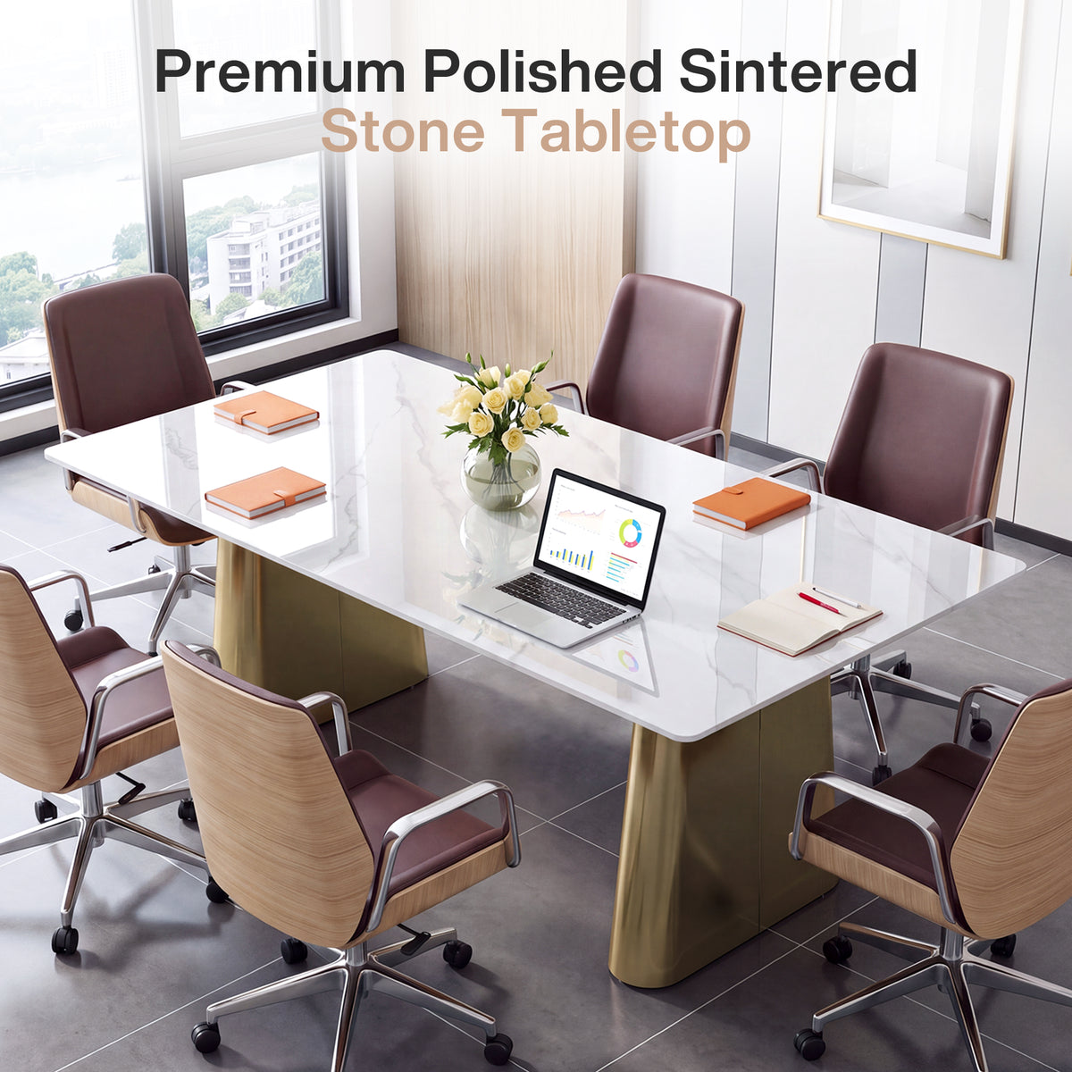 Spacious 63-inch executive desk with sintered stone desktop for monitors, laptop, documents, and office essentials